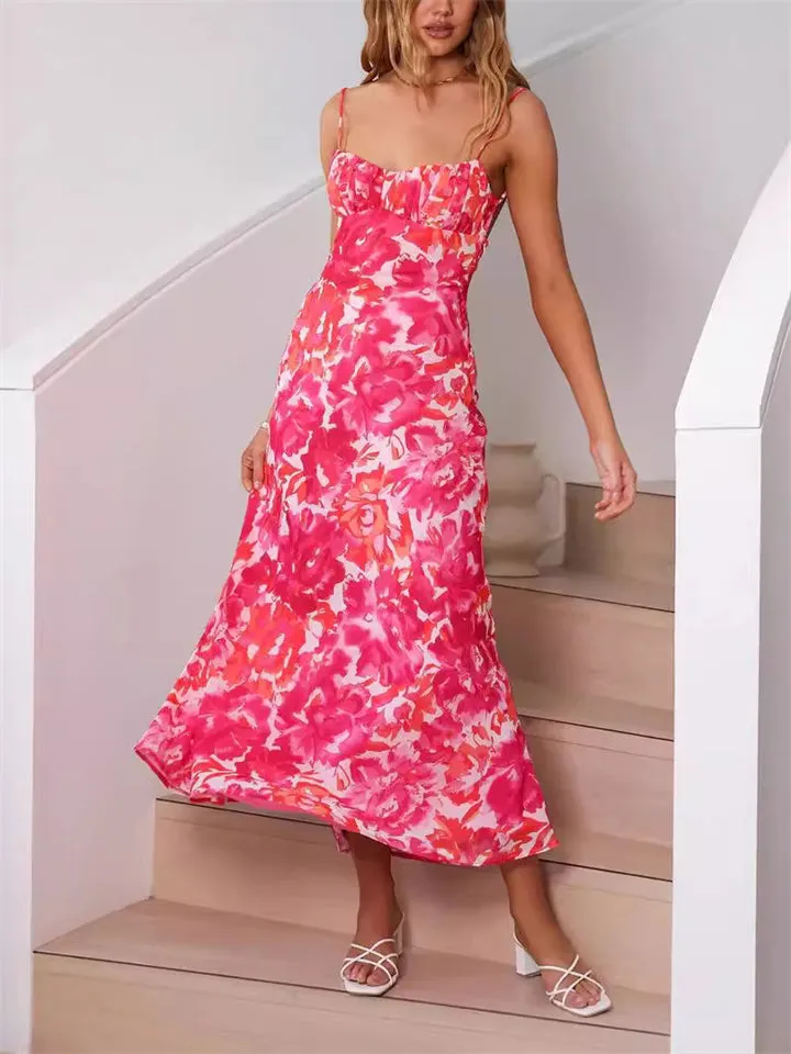 Female Spaghetti Strap French Style Printed Low-cut Dress