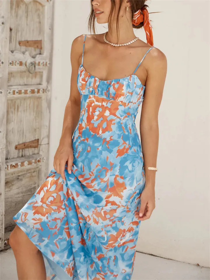 Female Spaghetti Strap French Style Printed Low-cut Dress
