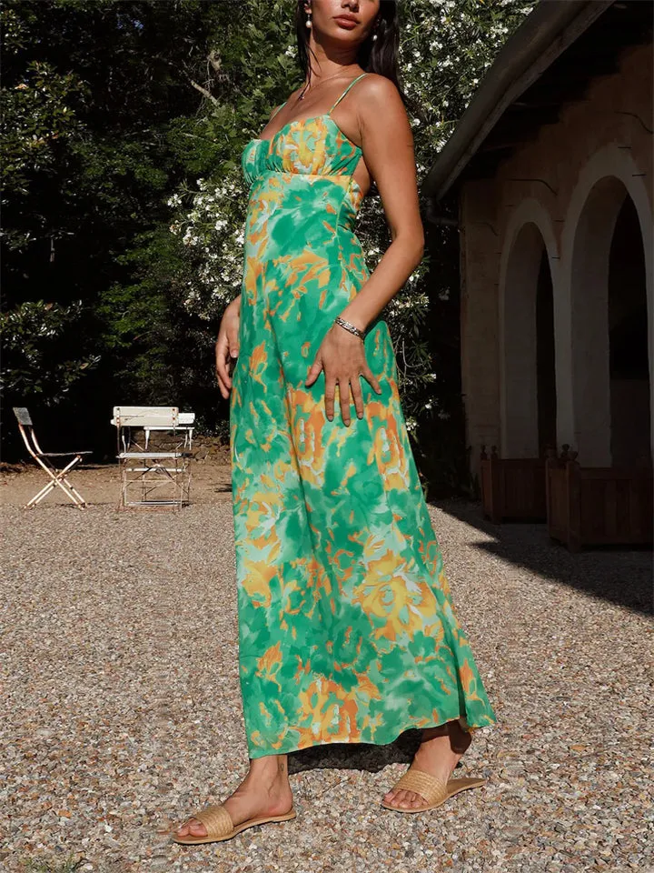 Female Spaghetti Strap French Style Printed Low-cut Dress