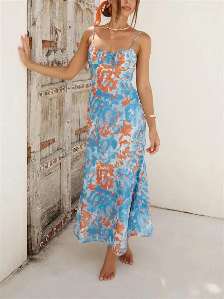 Female Spaghetti Strap French Style Printed Low-cut Dress