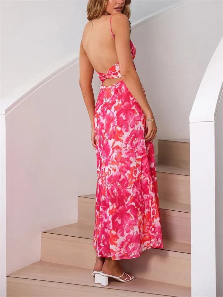 Female Spaghetti Strap French Style Printed Low-cut Dress