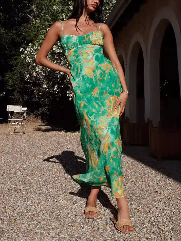 Female Spaghetti Strap French Style Printed Low-cut Dress