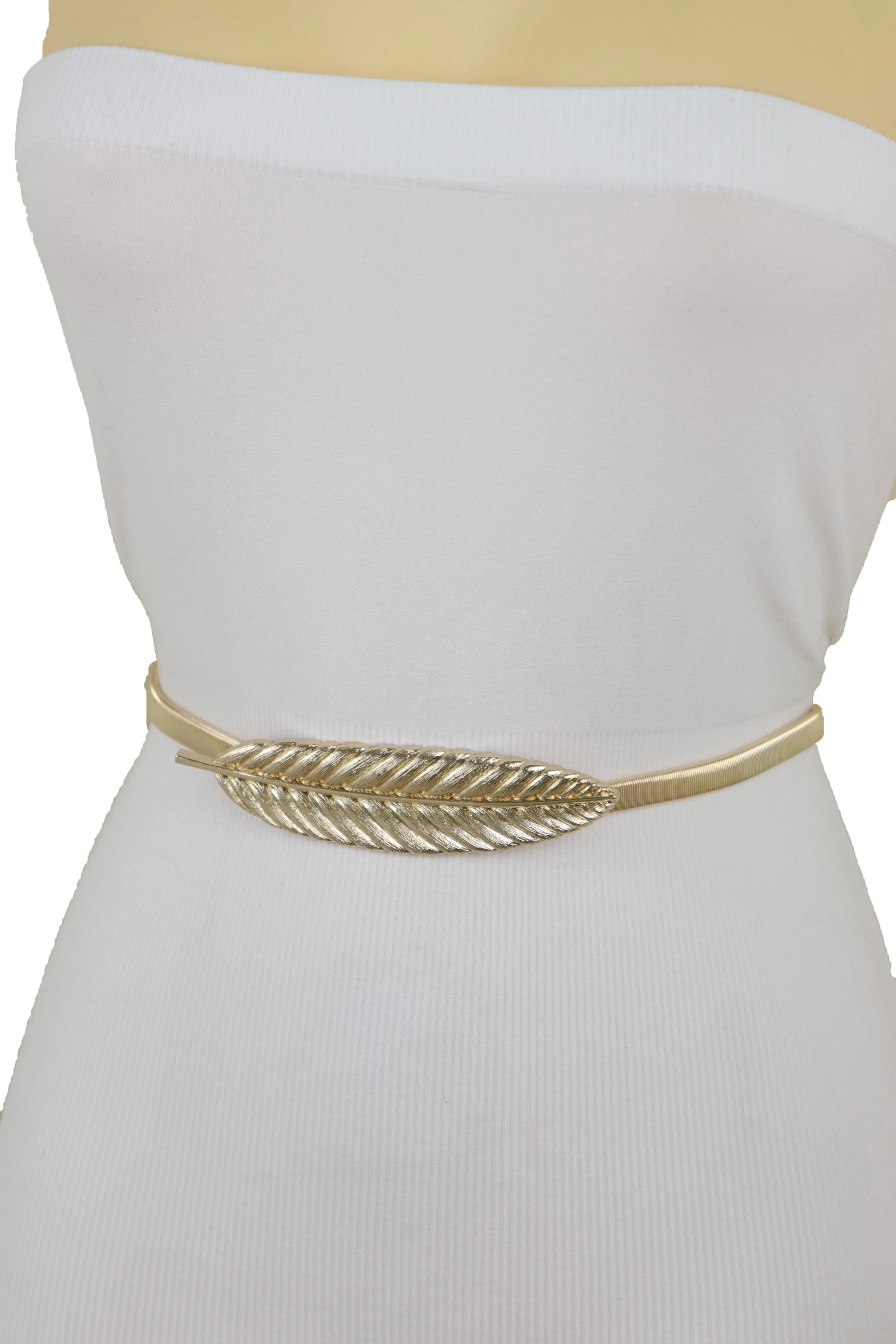 Gold Metal Elastic Narrow Band Wedding Bridal Belt Leaf Buckle Size S M L