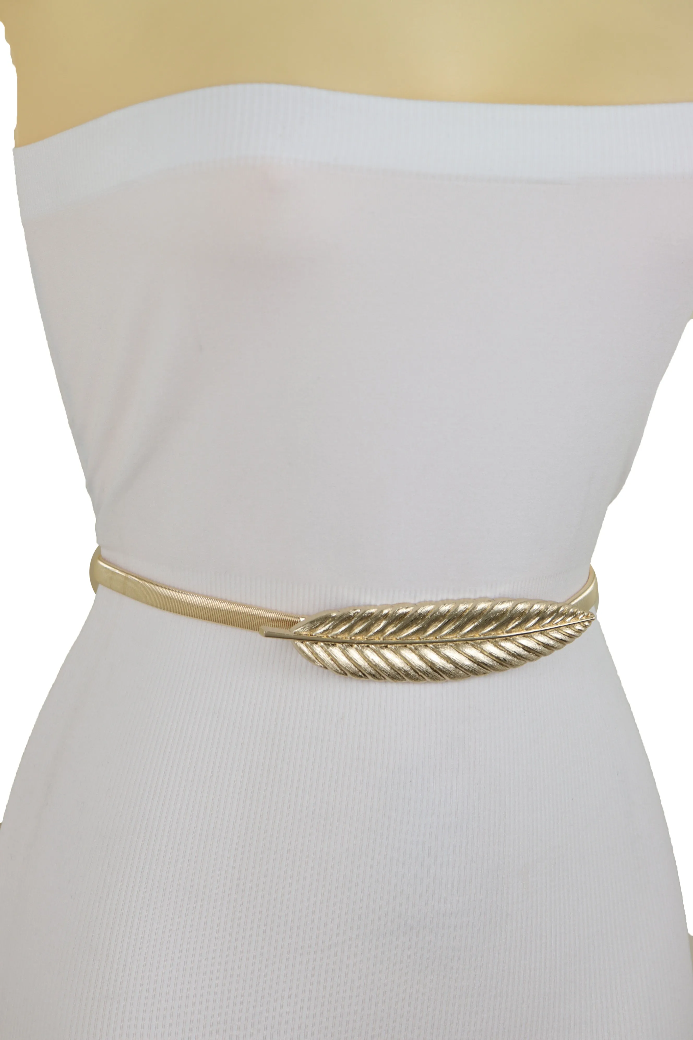 Gold Metal Elastic Narrow Band Wedding Bridal Belt Leaf Buckle Size S M L