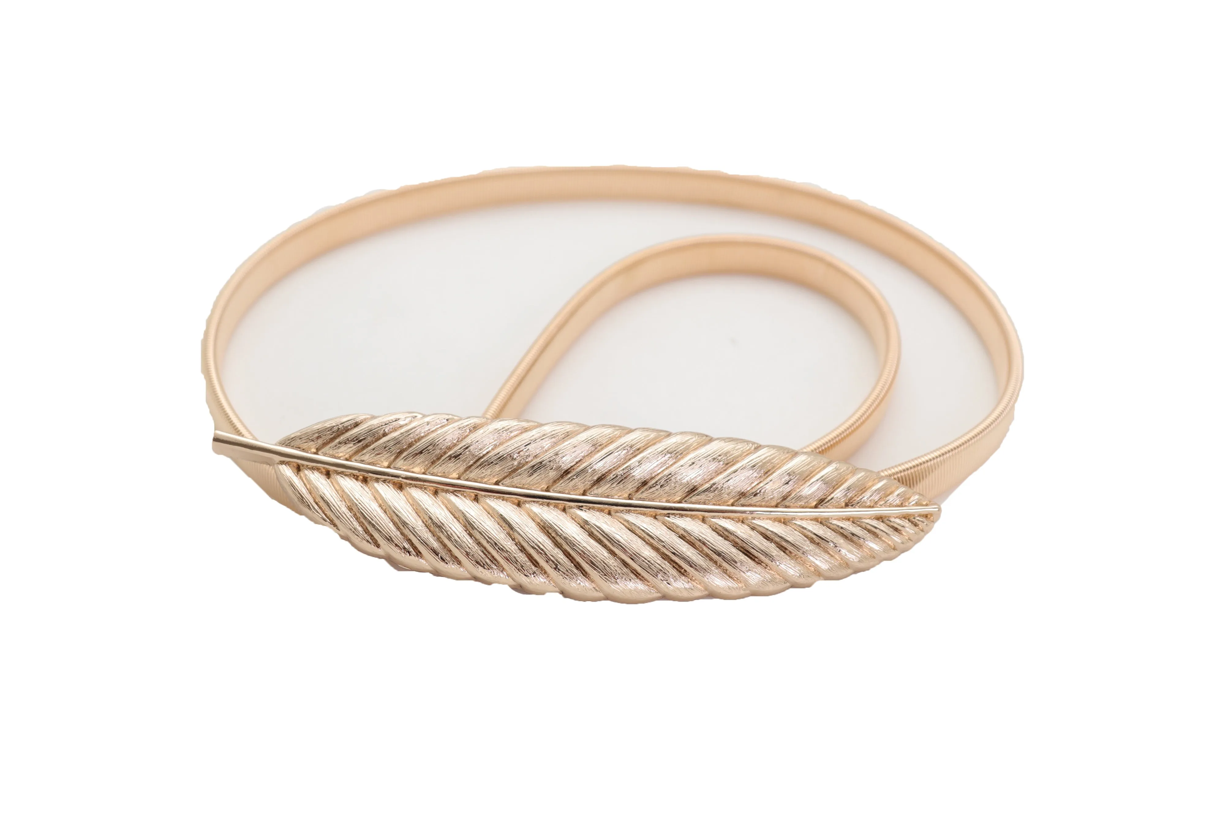 Gold Metal Elastic Narrow Band Wedding Bridal Belt Leaf Buckle Size S M L