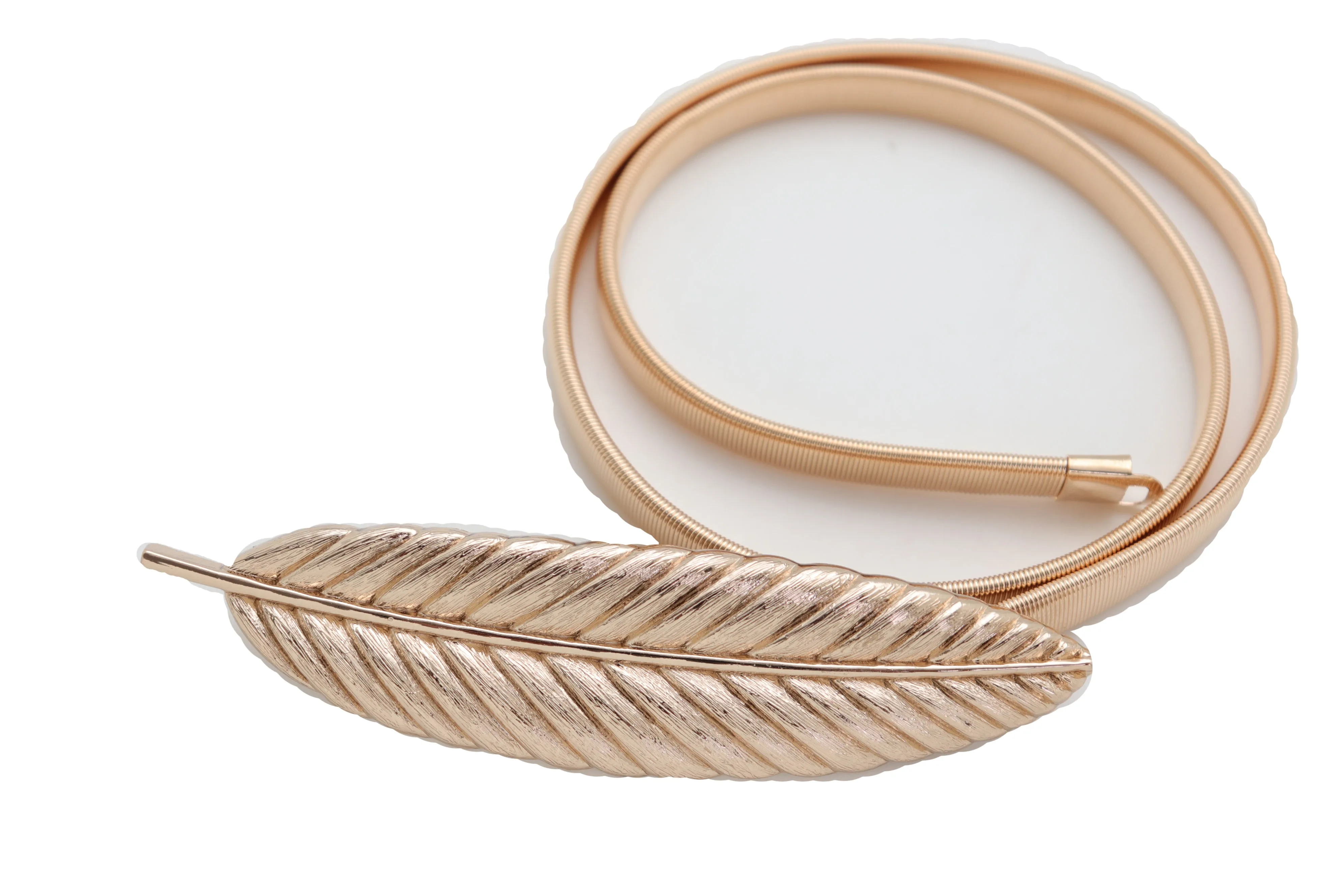 Gold Metal Elastic Narrow Band Wedding Bridal Belt Leaf Buckle Size S M L