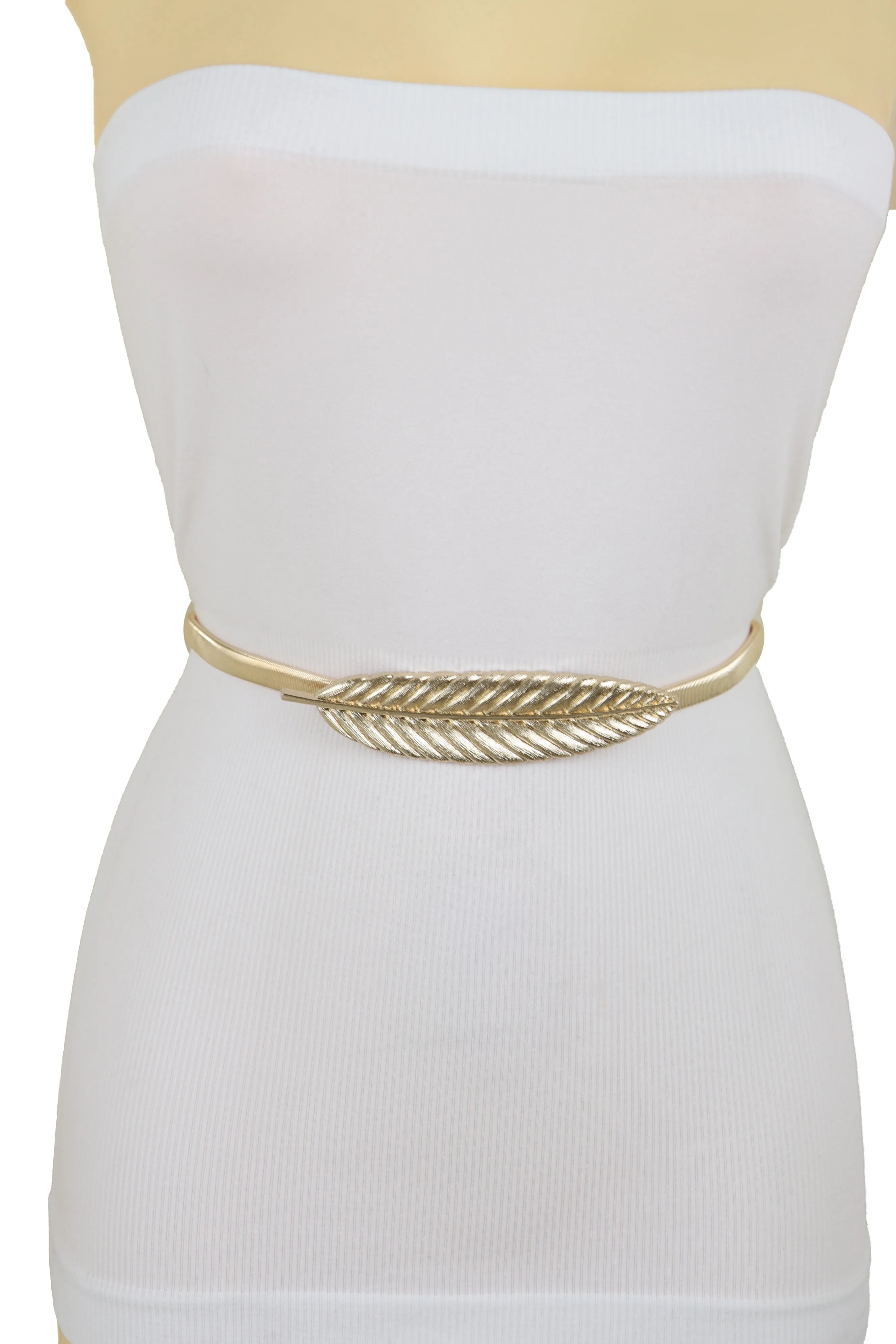 Gold Metal Elastic Narrow Band Wedding Bridal Belt Leaf Buckle Size S M L