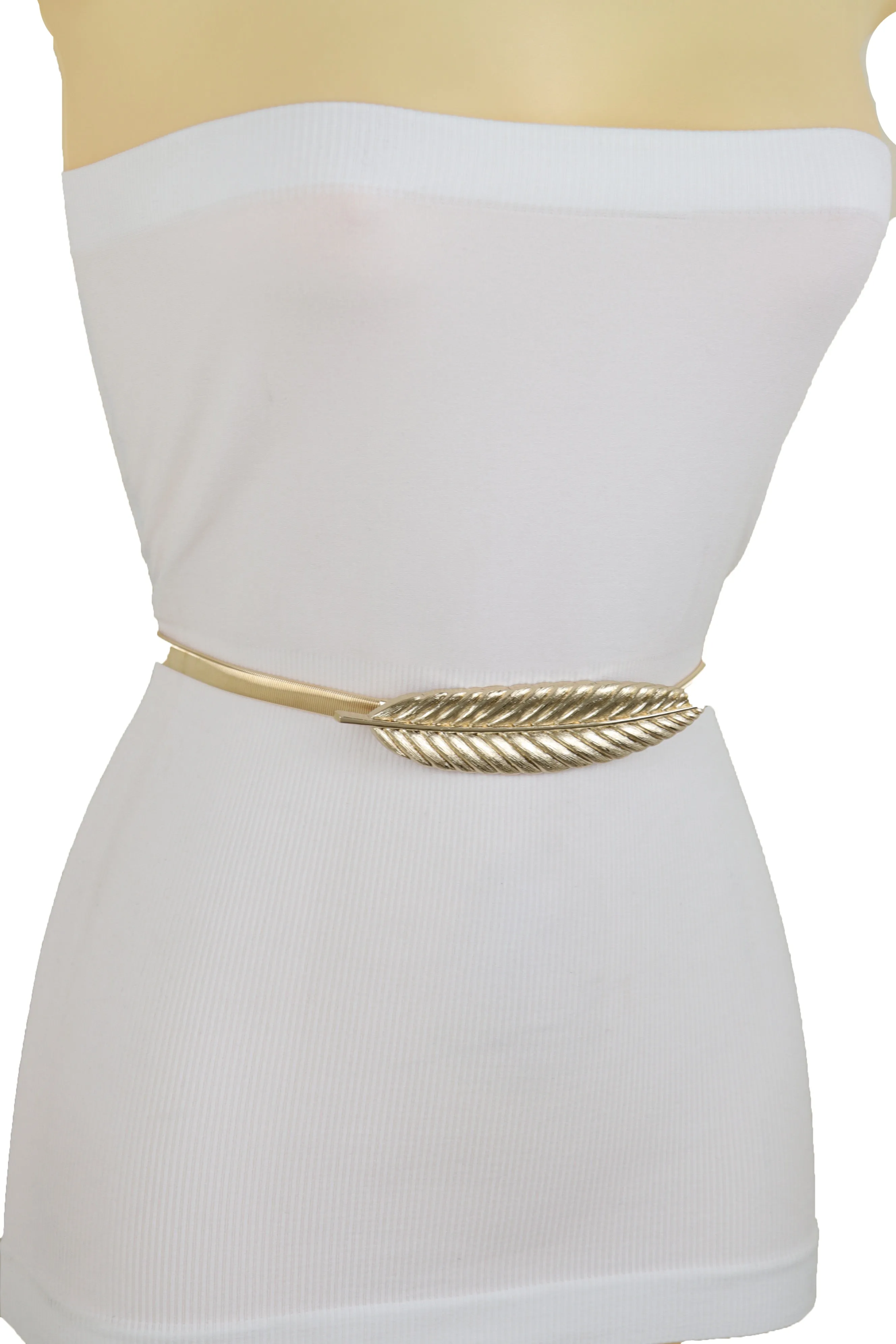 Gold Metal Elastic Narrow Band Wedding Bridal Belt Leaf Buckle Size S M L