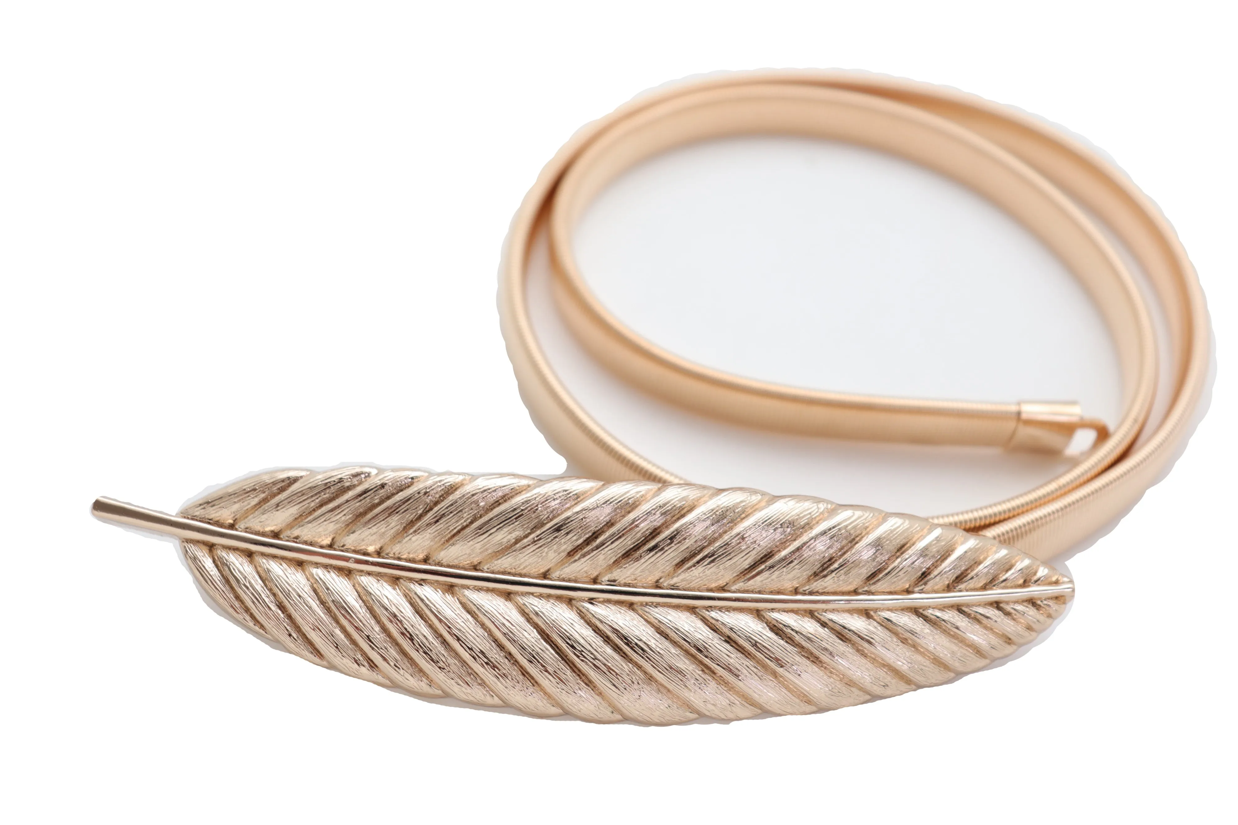 Gold Metal Elastic Narrow Band Wedding Bridal Belt Leaf Buckle Size S M L