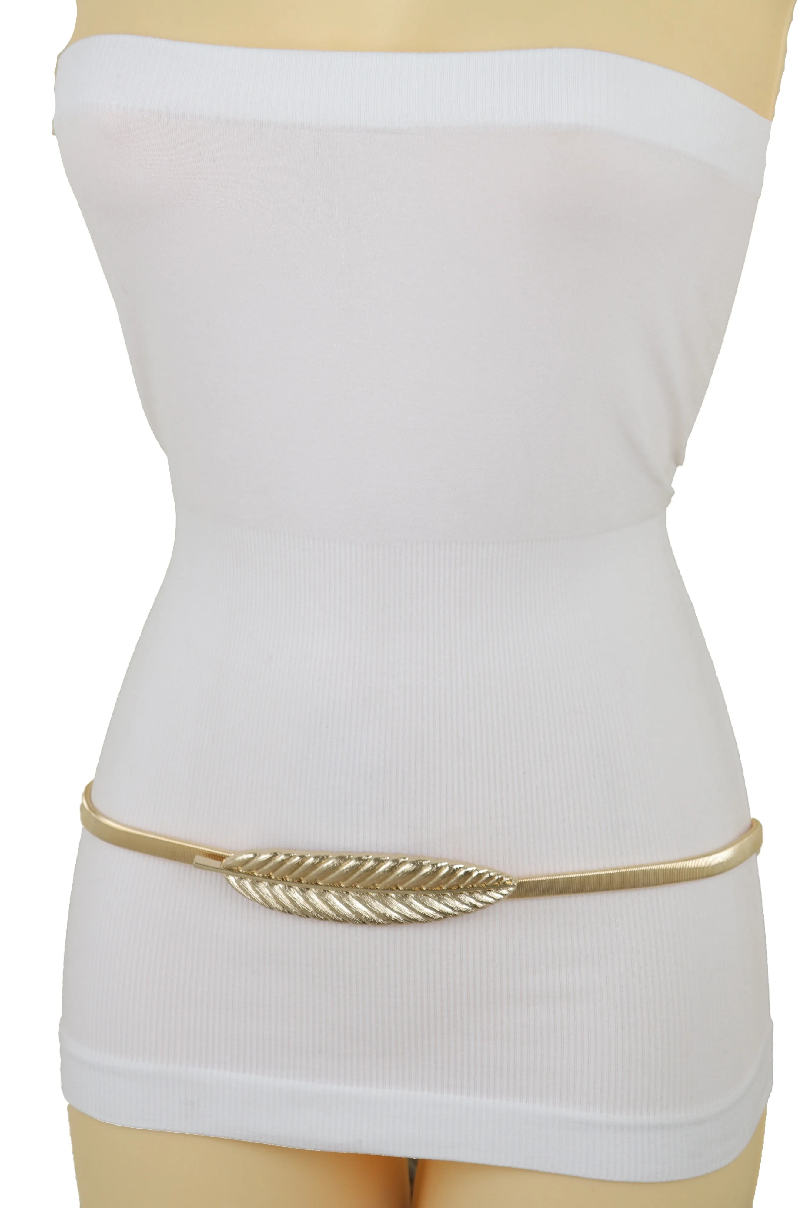 Gold Metal Elastic Narrow Band Wedding Bridal Belt Leaf Buckle Size S M L
