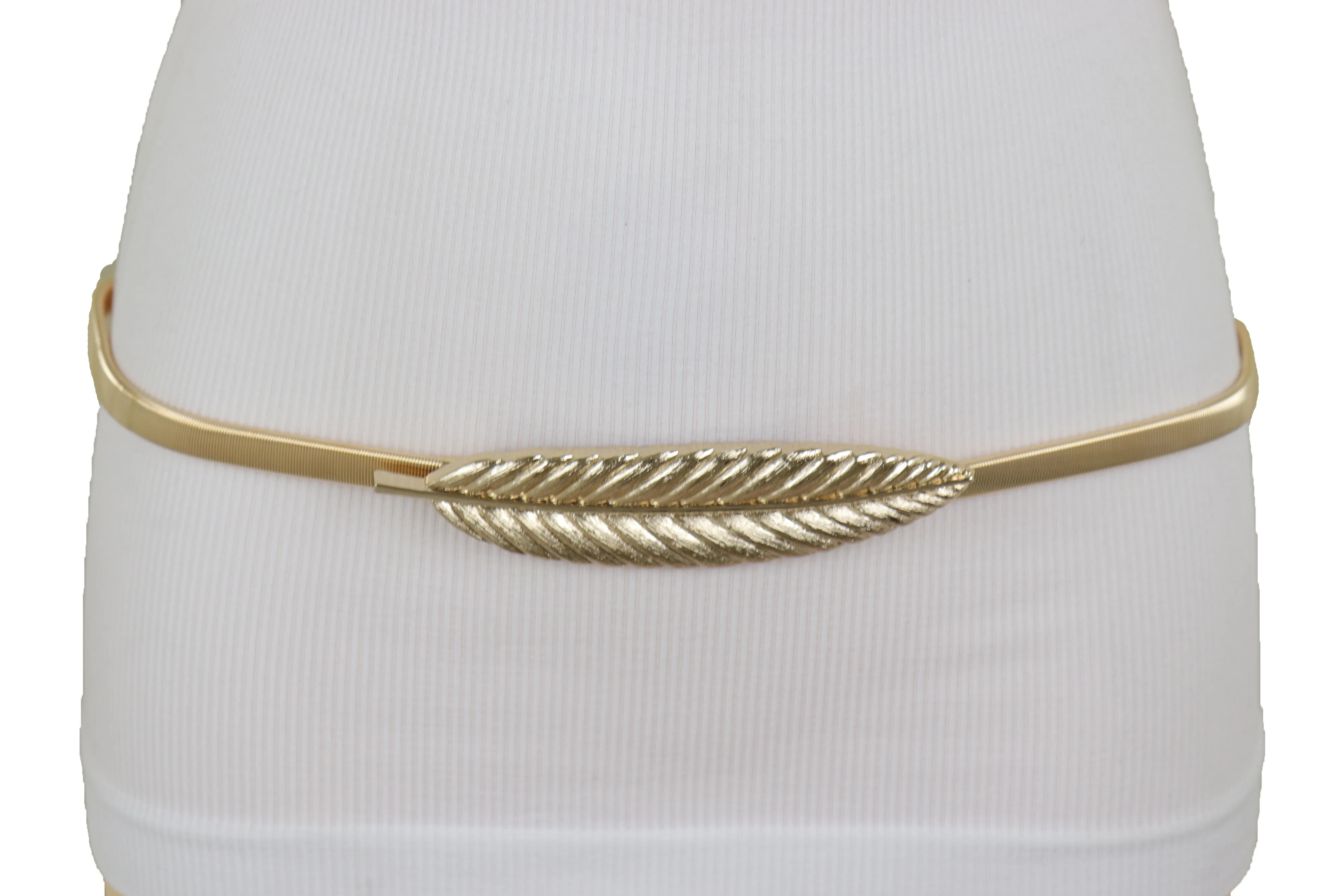 Gold Metal Elastic Narrow Band Wedding Bridal Belt Leaf Buckle Size S M L