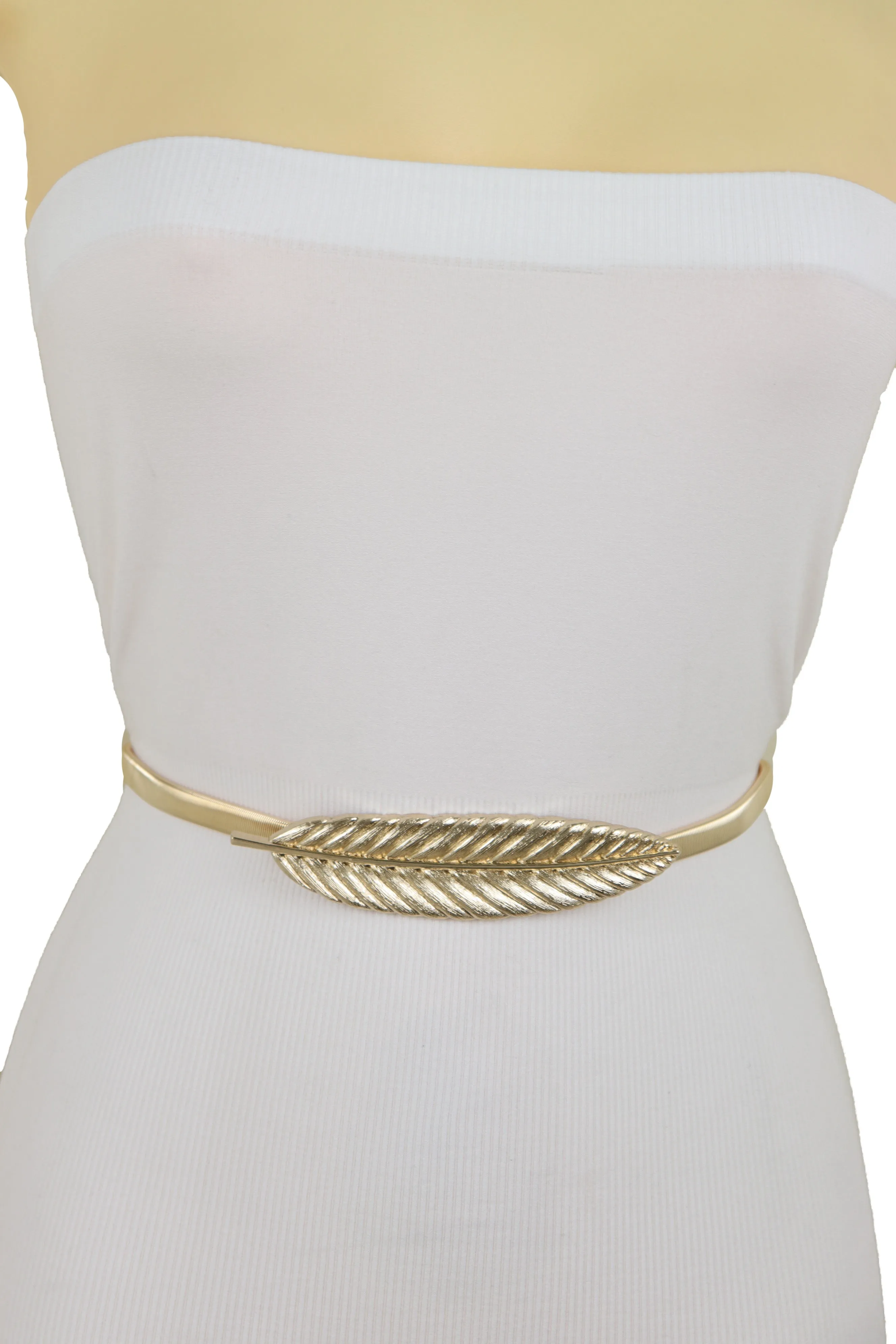 Gold Metal Elastic Narrow Band Wedding Bridal Belt Leaf Buckle Size S M L
