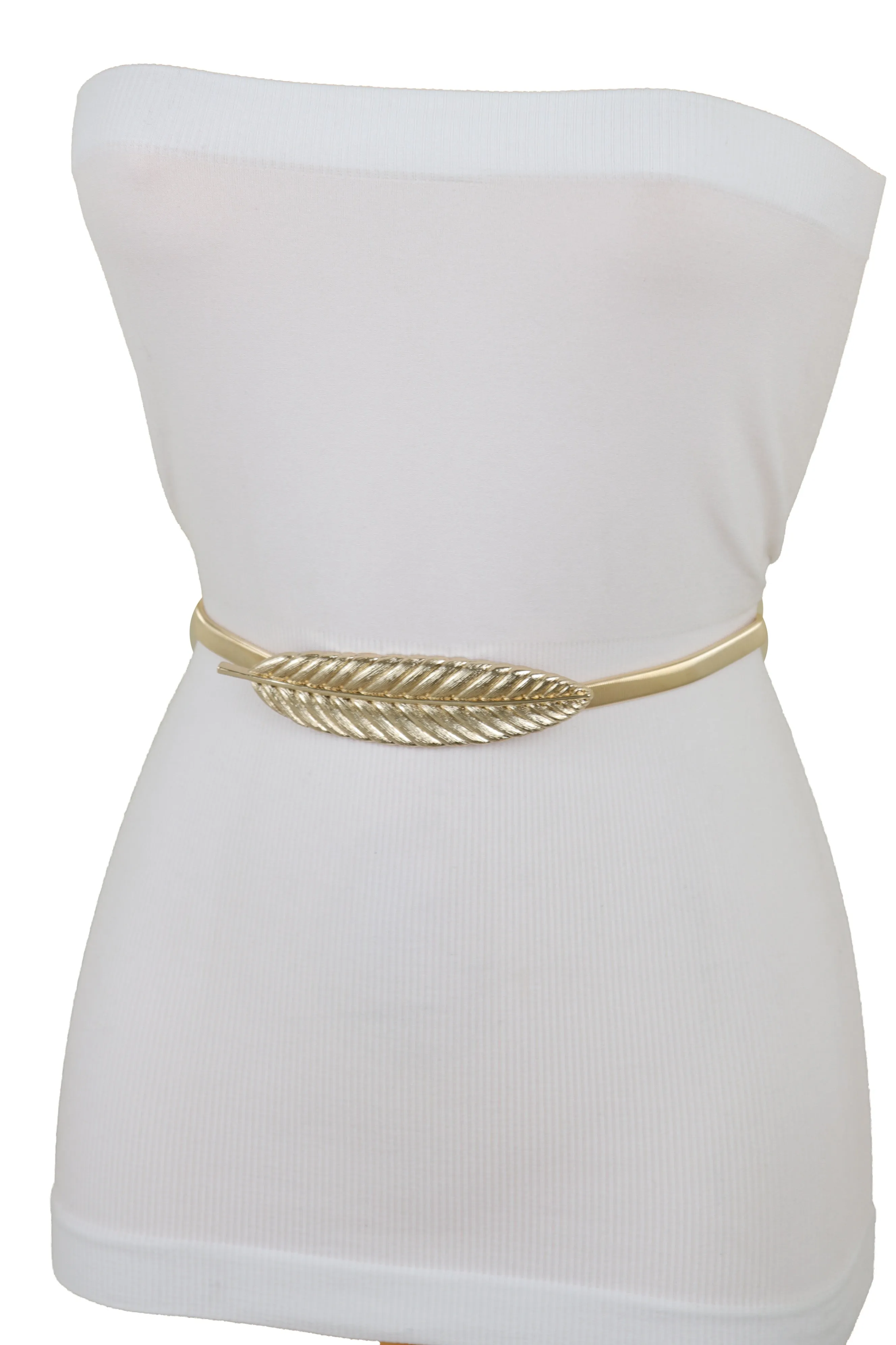 Gold Metal Elastic Narrow Band Wedding Bridal Belt Leaf Buckle Size S M L
