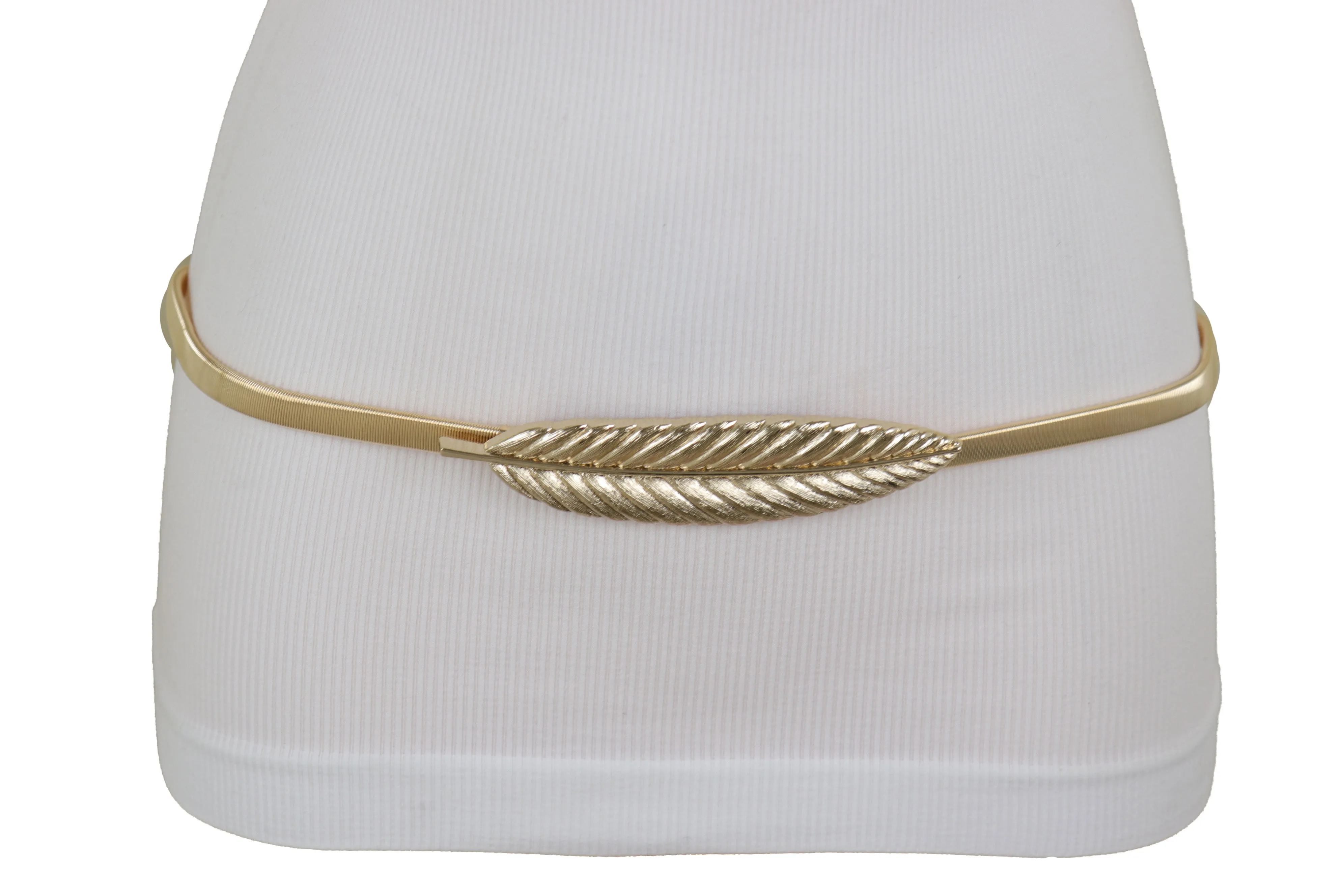Gold Metal Elastic Narrow Band Wedding Bridal Belt Leaf Buckle Size S M L