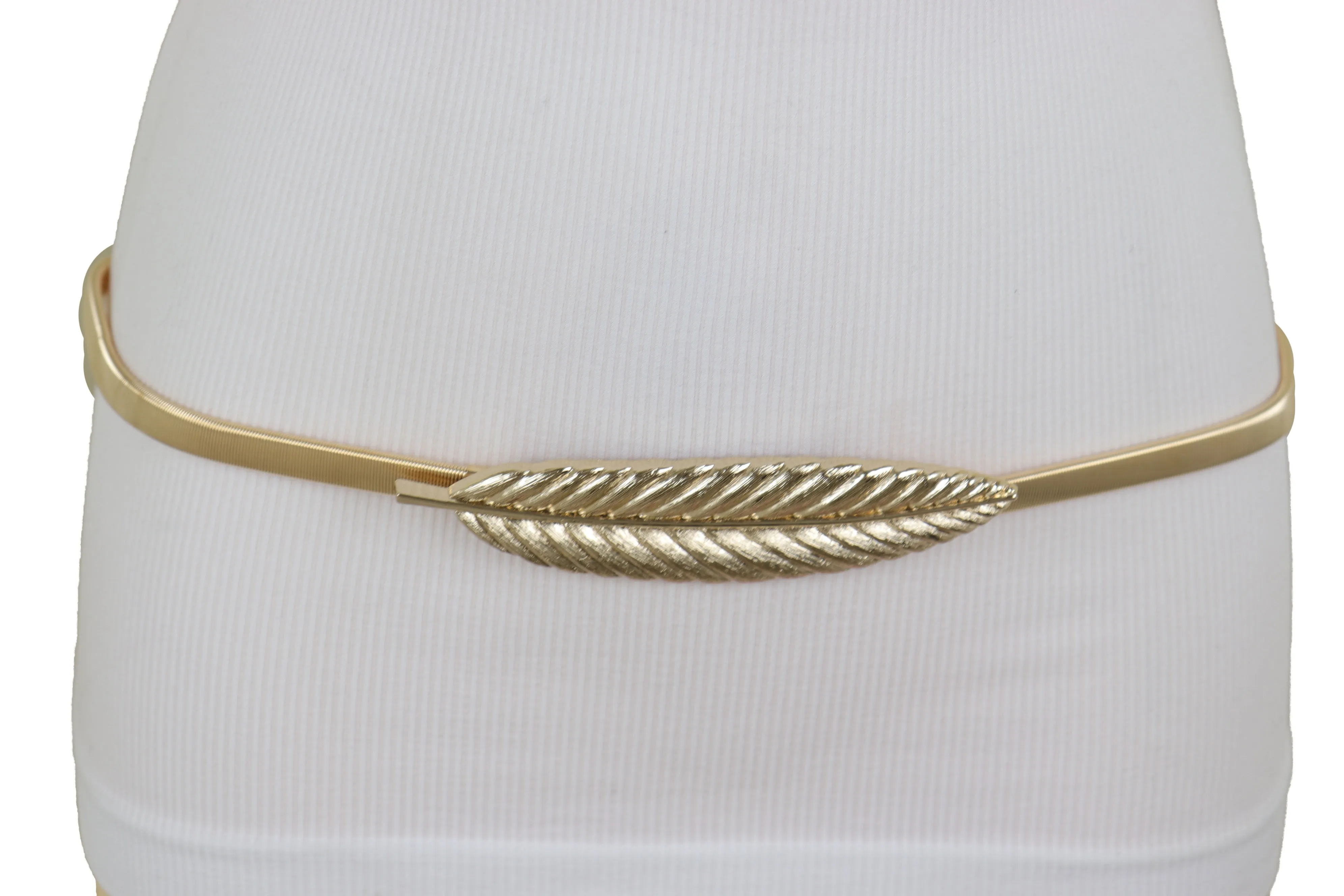 Gold Metal Elastic Narrow Band Wedding Bridal Belt Leaf Buckle Size S M L