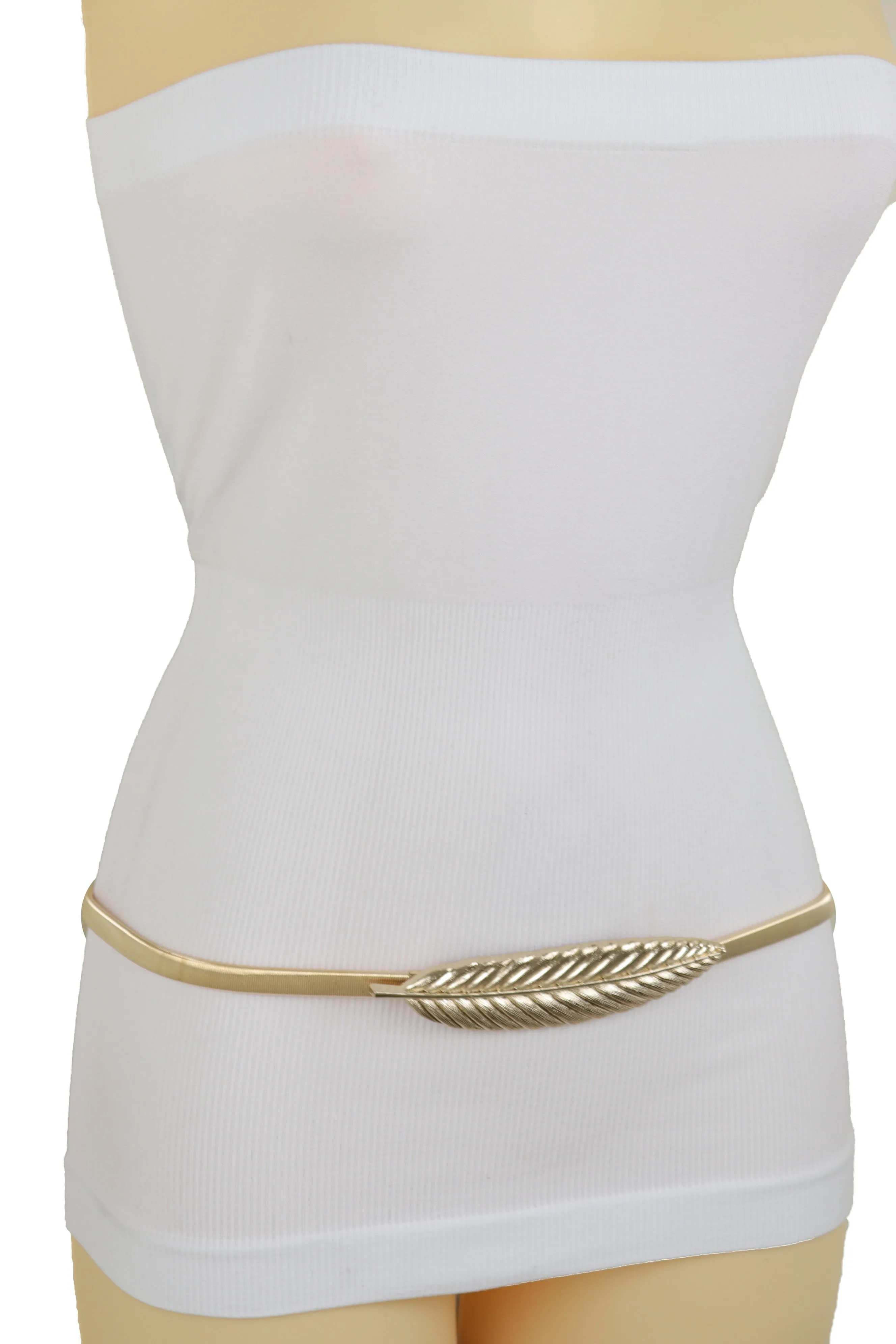 Gold Metal Elastic Narrow Band Wedding Bridal Belt Leaf Buckle Size S M L