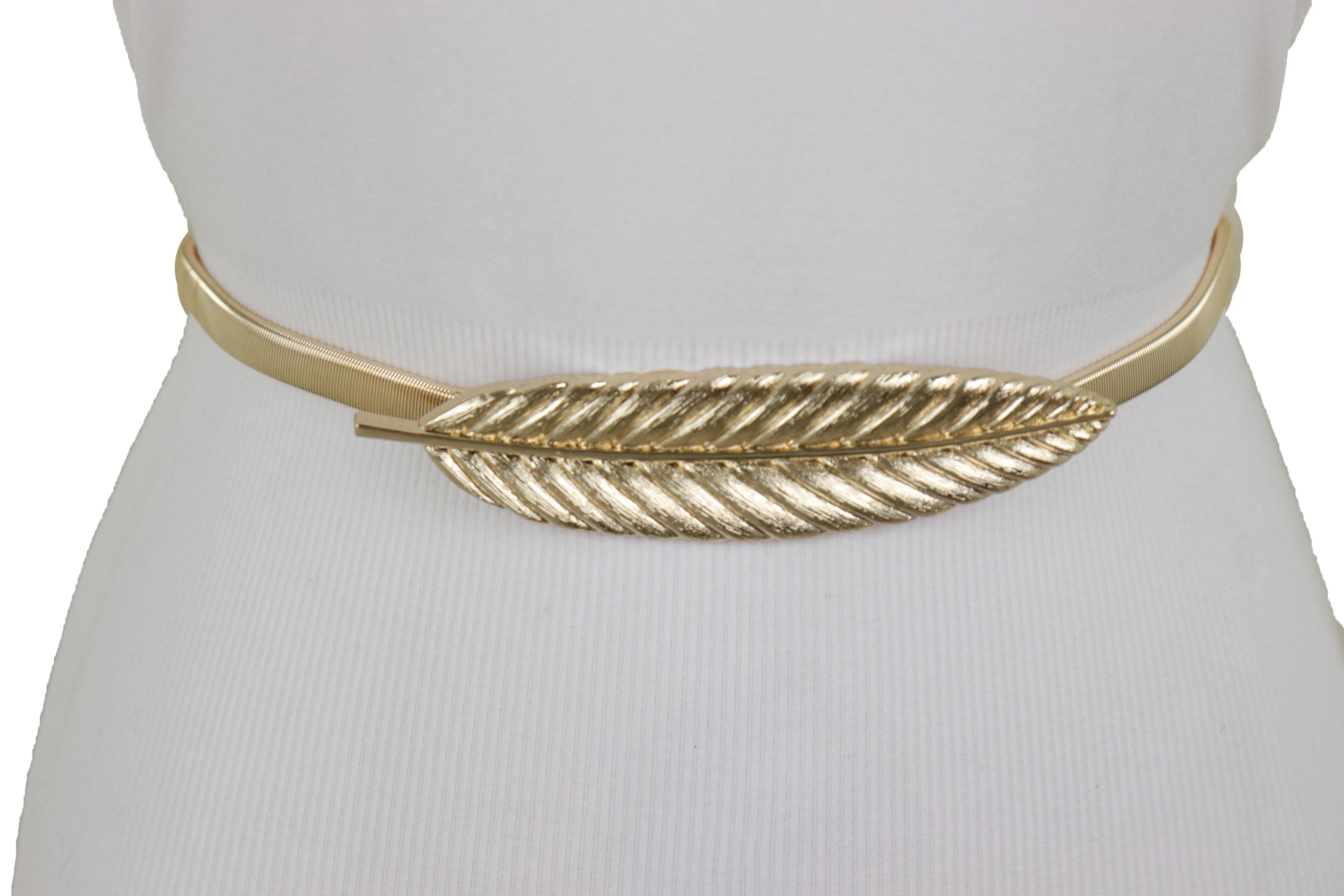 Gold Metal Elastic Narrow Band Wedding Bridal Belt Leaf Buckle Size S M L