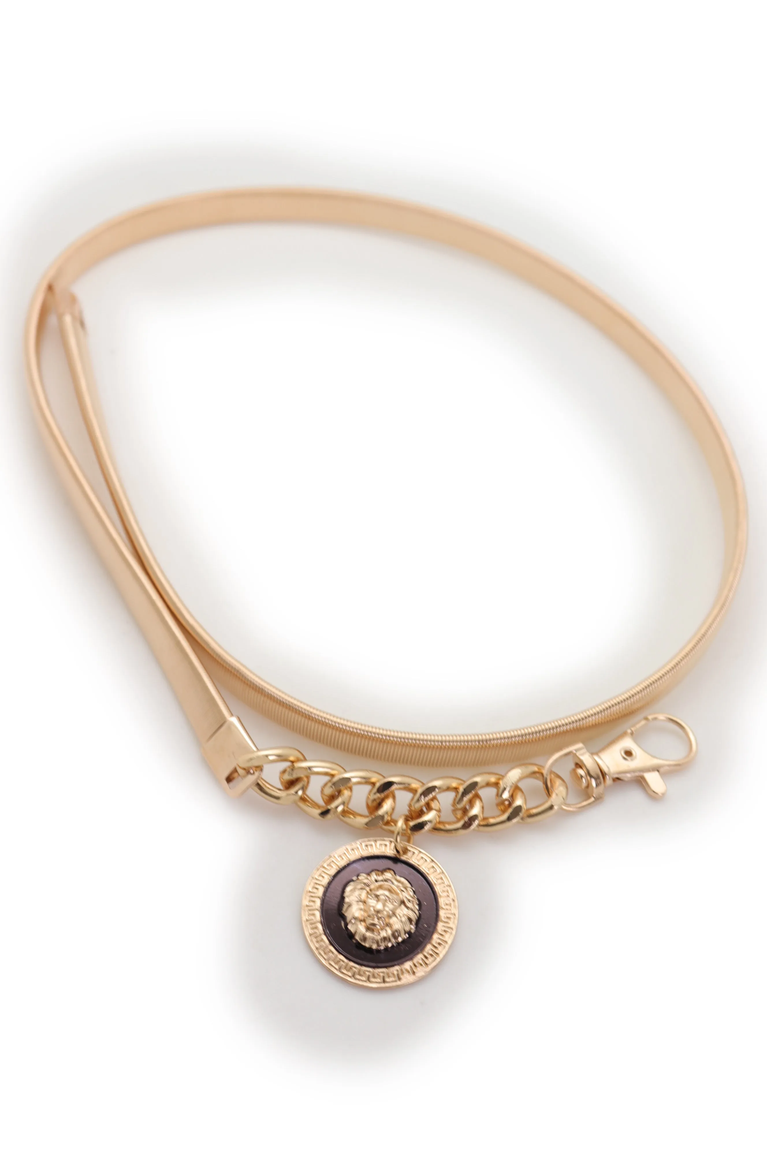 Gold Metal Elastic Waistband Belt with Hanging Lion Medallion Pendant