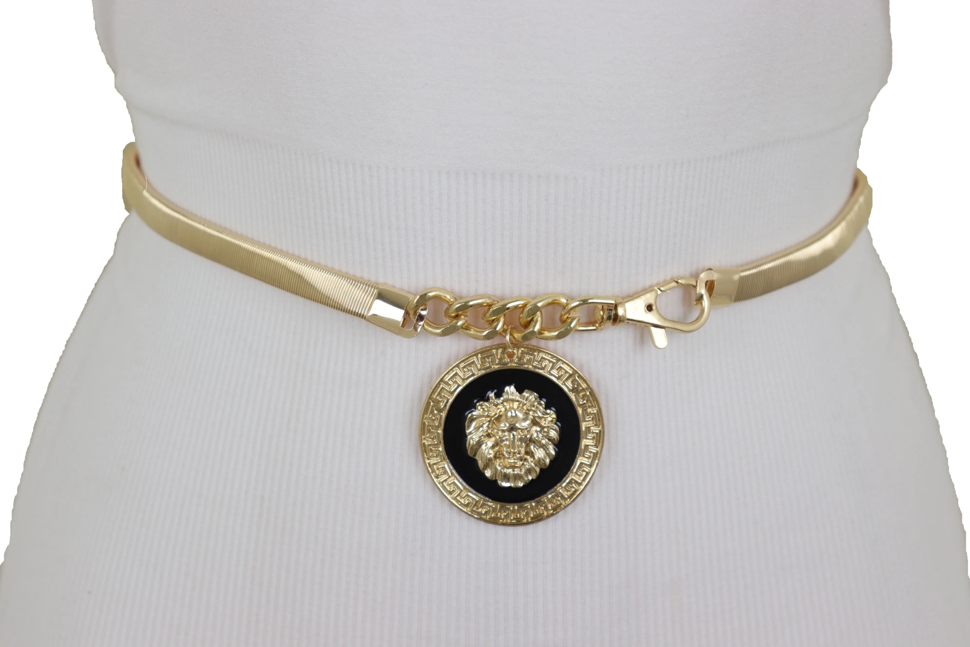 Gold Metal Elastic Waistband Belt with Hanging Lion Medallion Pendant