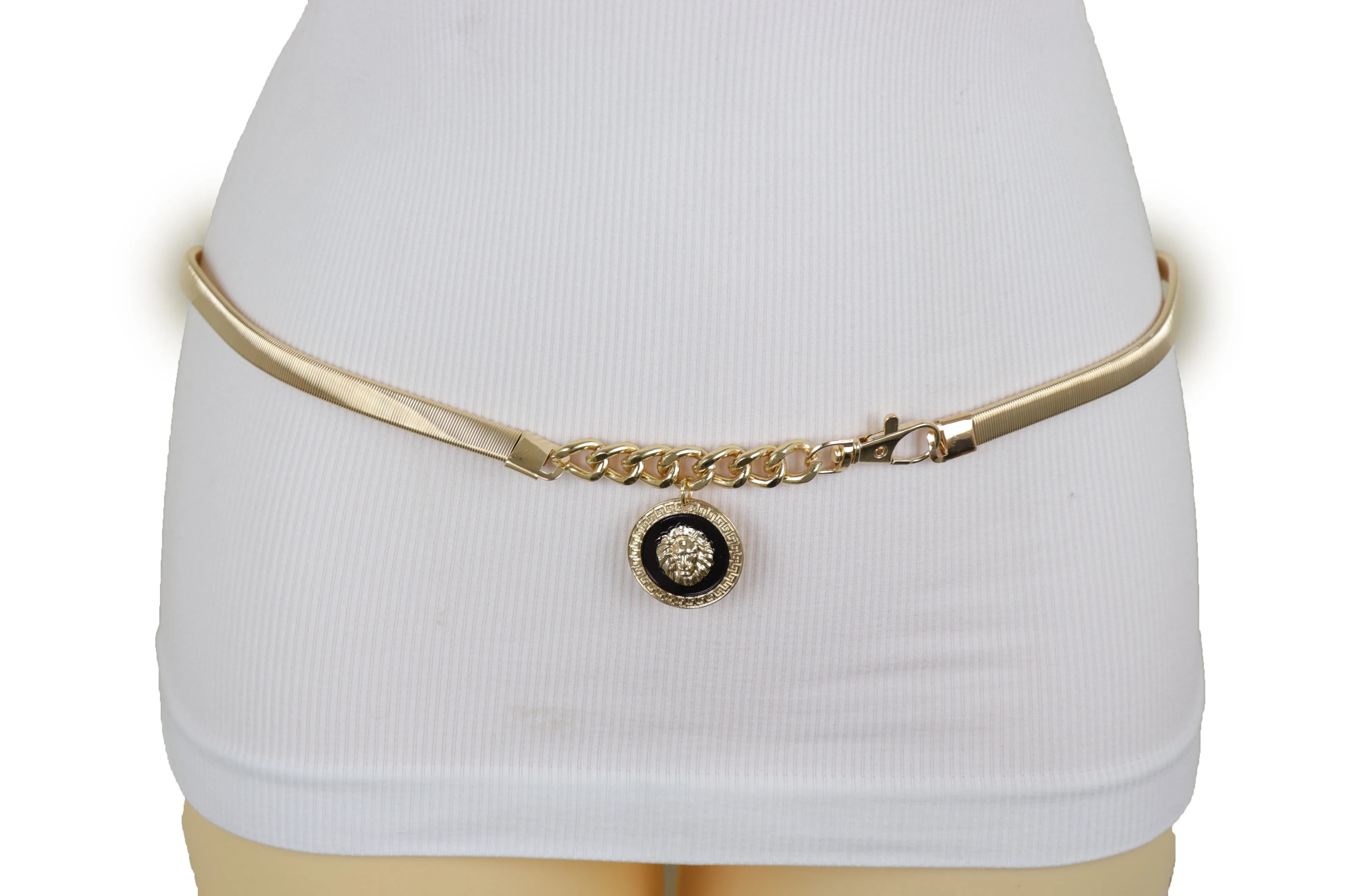 Gold Metal Elastic Waistband Belt with Hanging Lion Medallion Pendant