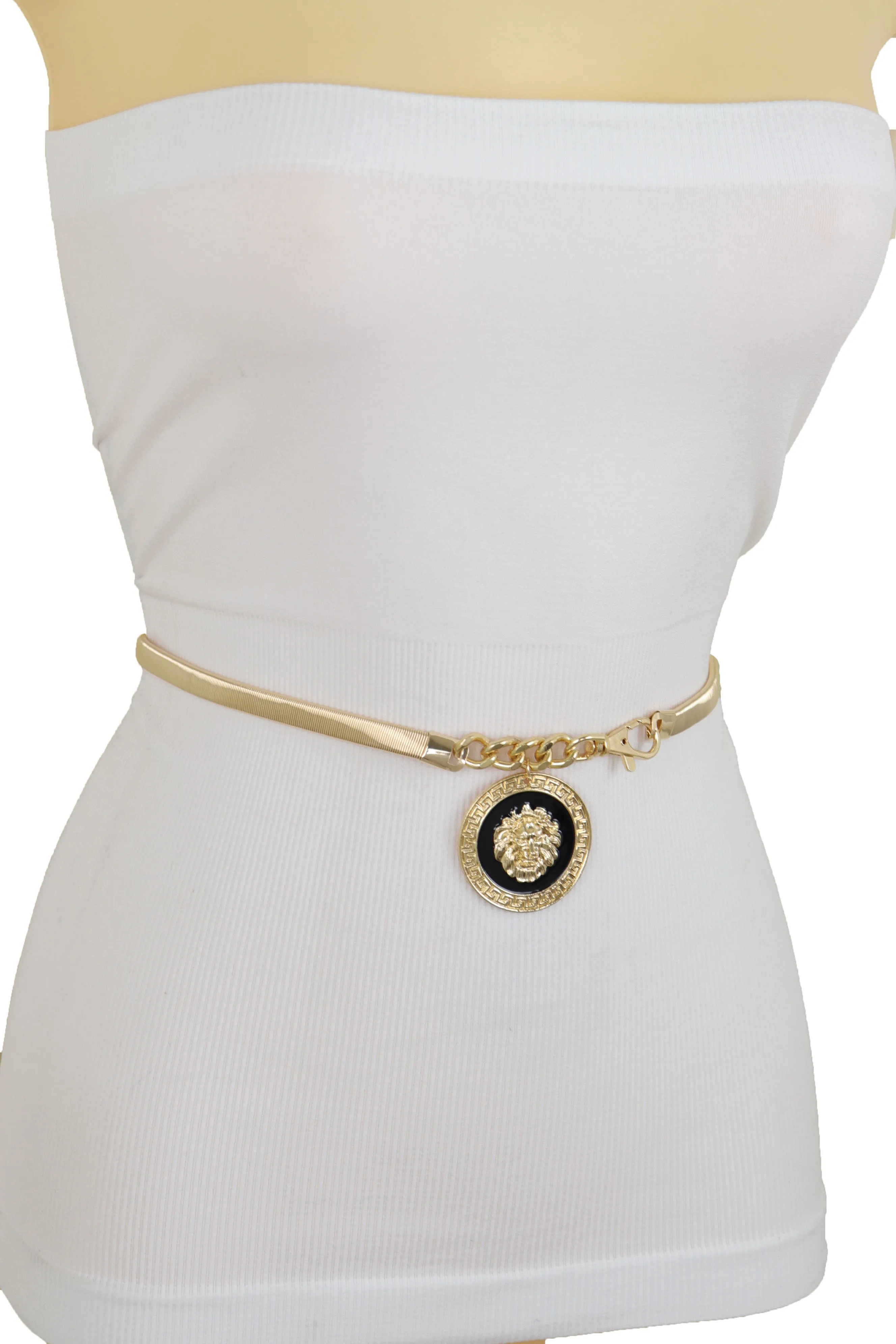 Gold Metal Elastic Waistband Belt with Hanging Lion Medallion Pendant