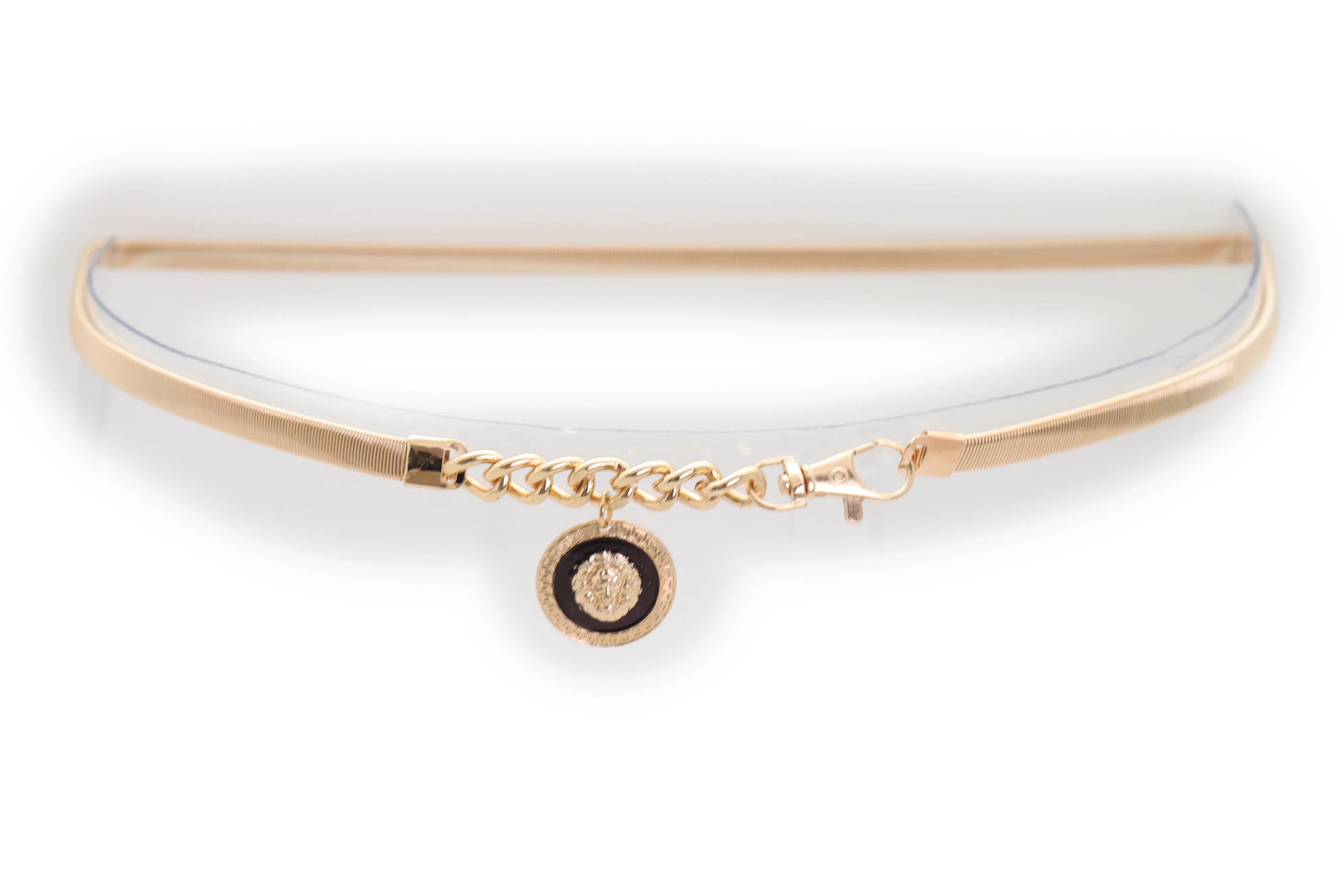 Gold Metal Elastic Waistband Belt with Hanging Lion Medallion Pendant