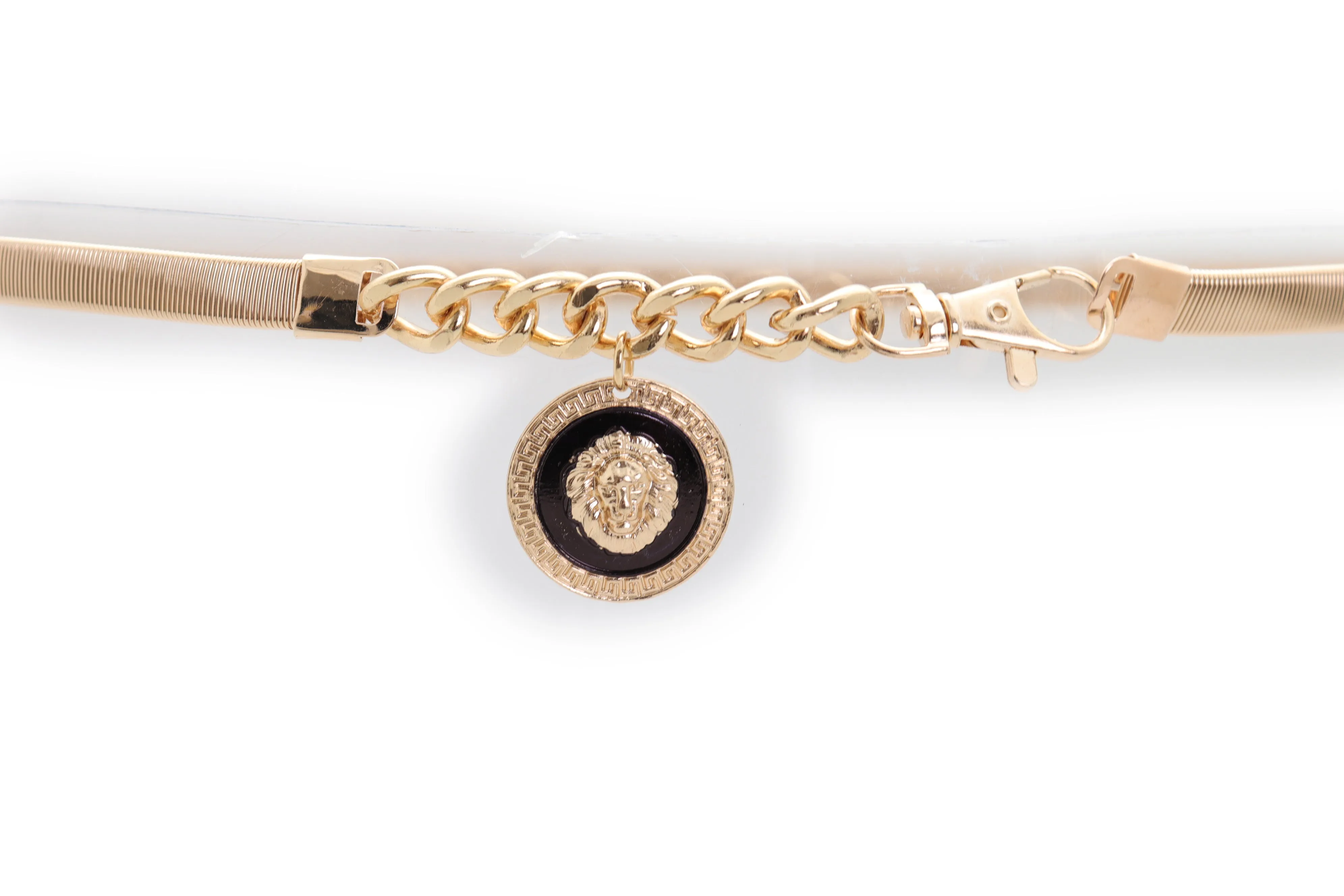 Gold Metal Elastic Waistband Belt with Hanging Lion Medallion Pendant