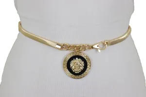 Gold Metal Elastic Waistband Belt with Hanging Lion Medallion Pendant