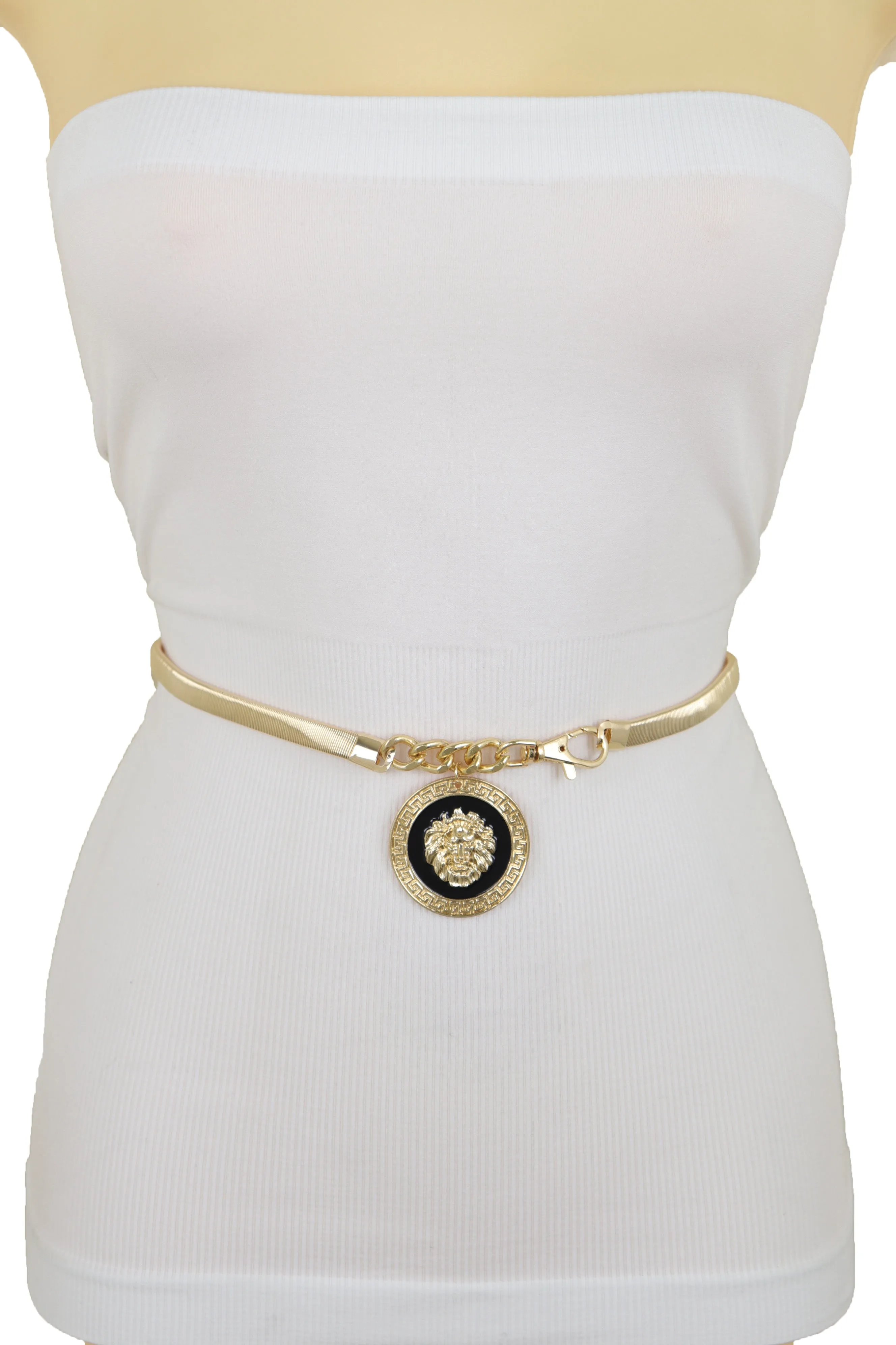 Gold Metal Elastic Waistband Belt with Hanging Lion Medallion Pendant