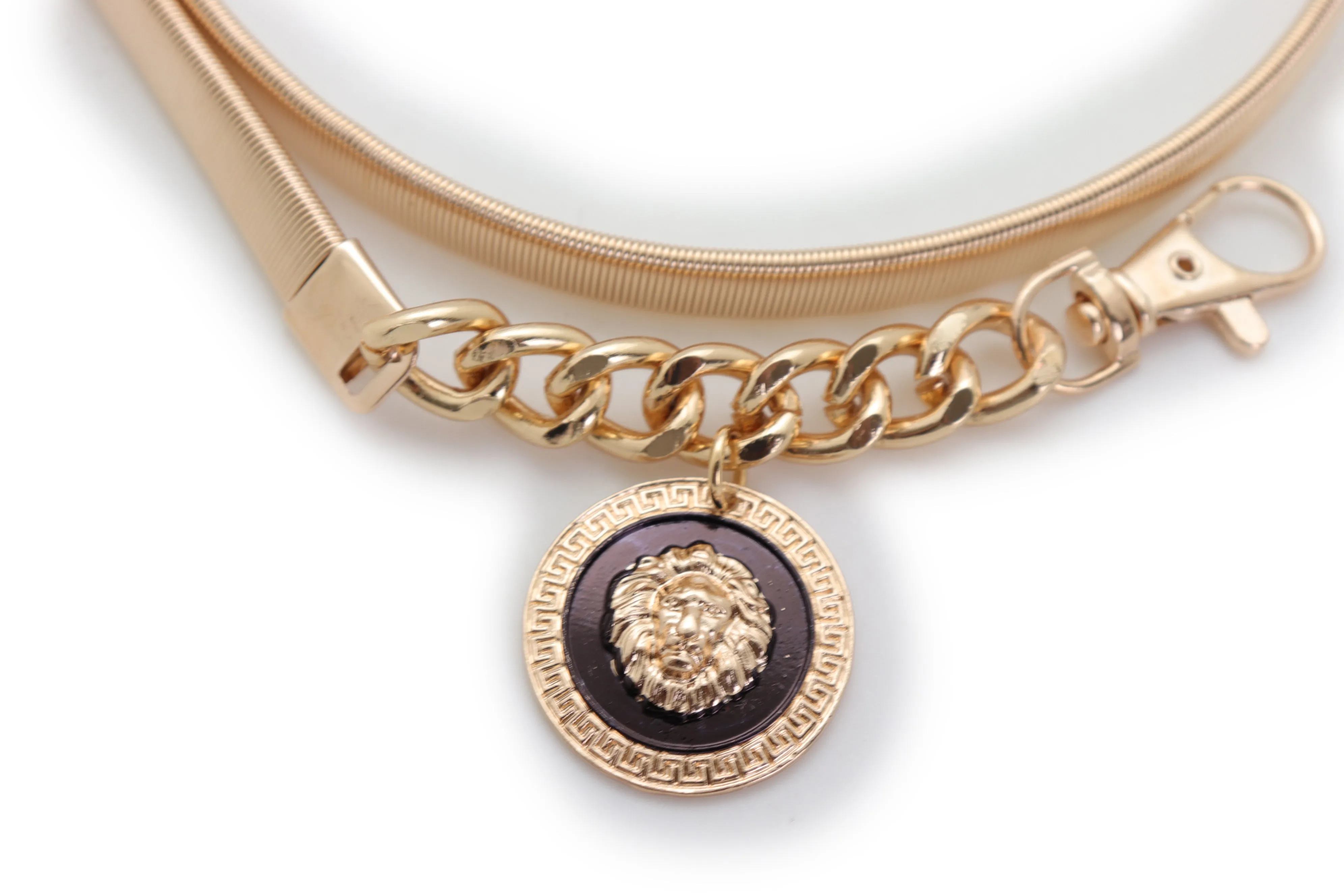 Gold Metal Elastic Waistband Belt with Hanging Lion Medallion Pendant