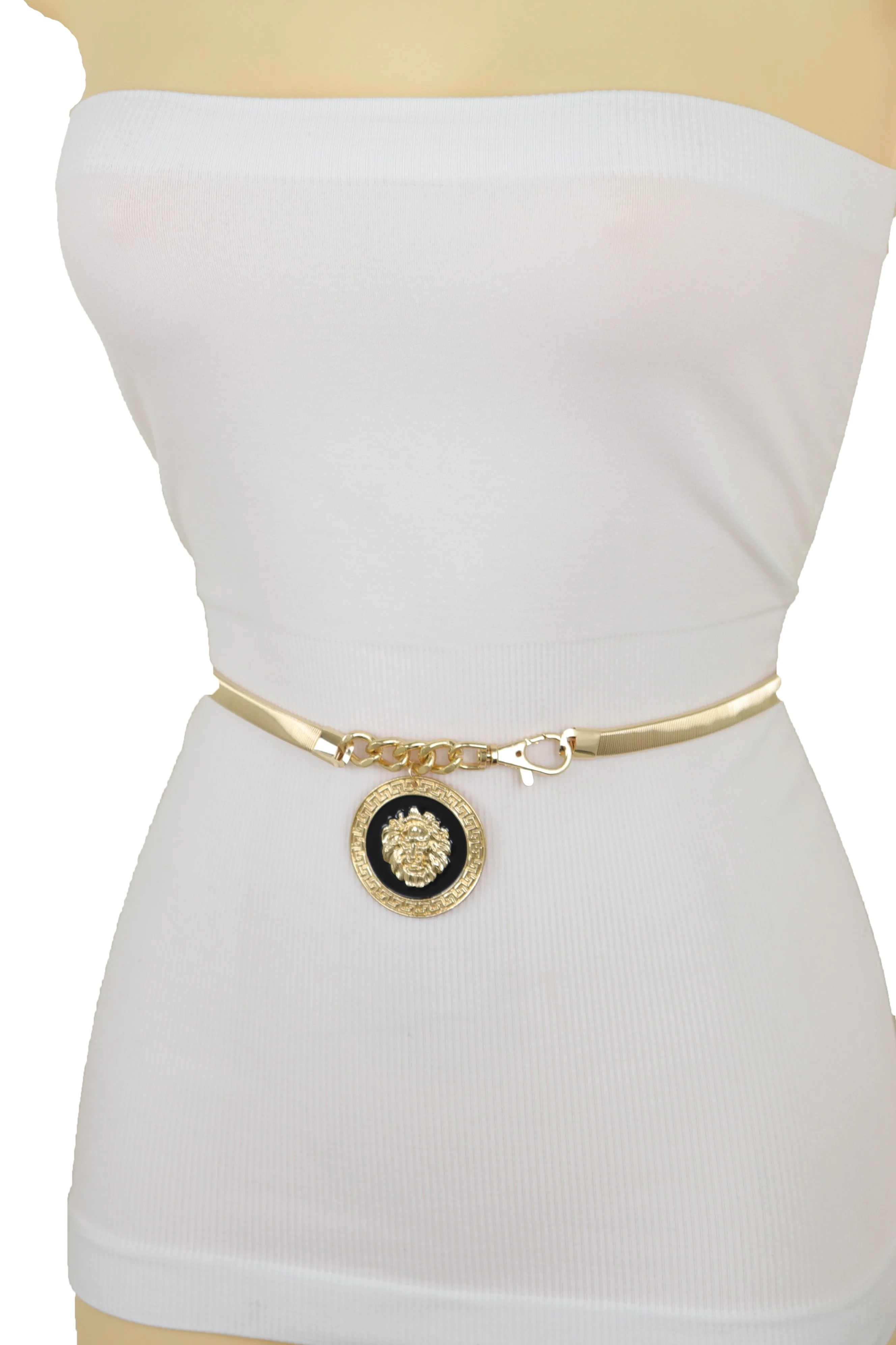 Gold Metal Elastic Waistband Belt with Hanging Lion Medallion Pendant