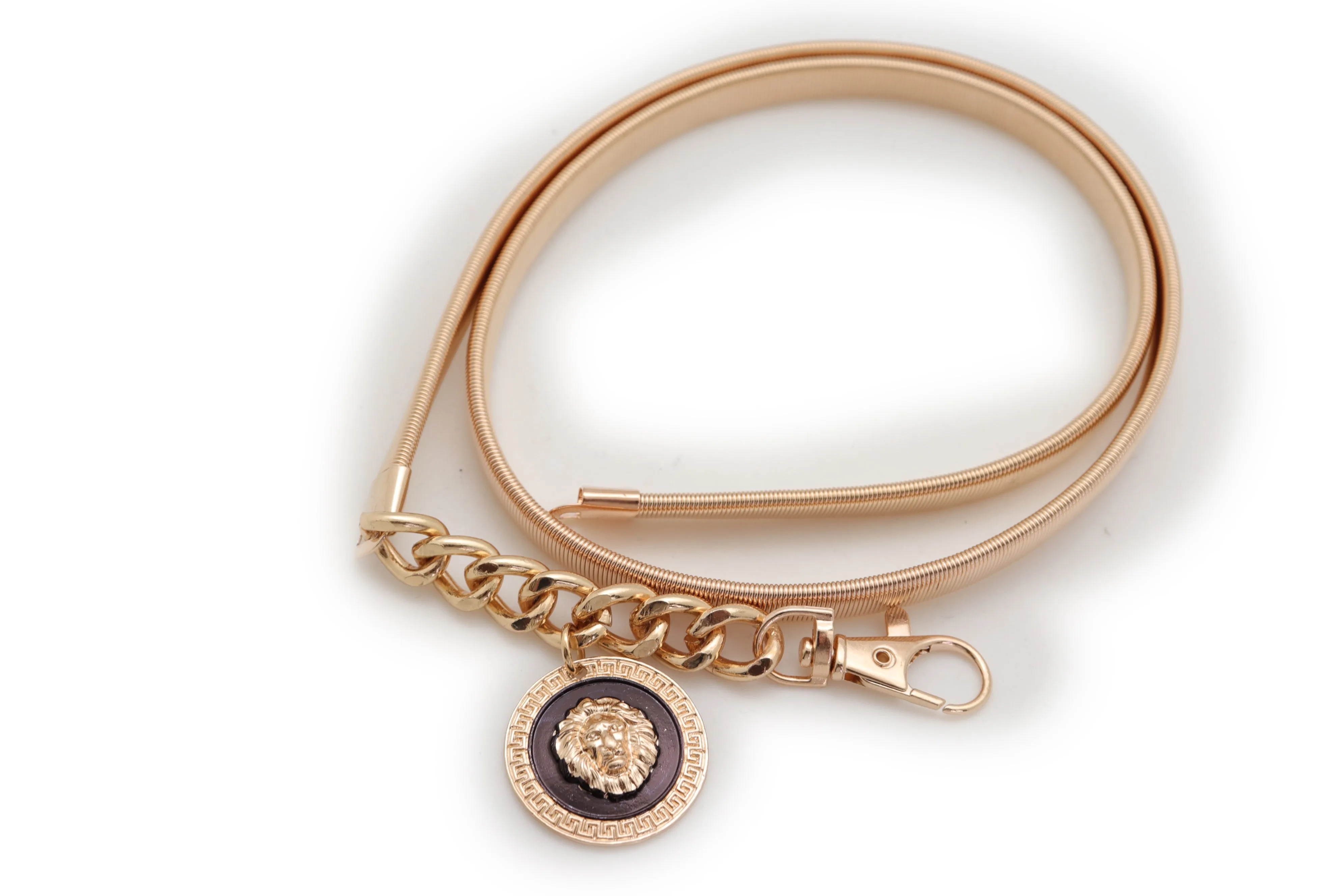 Gold Metal Elastic Waistband Belt with Hanging Lion Medallion Pendant