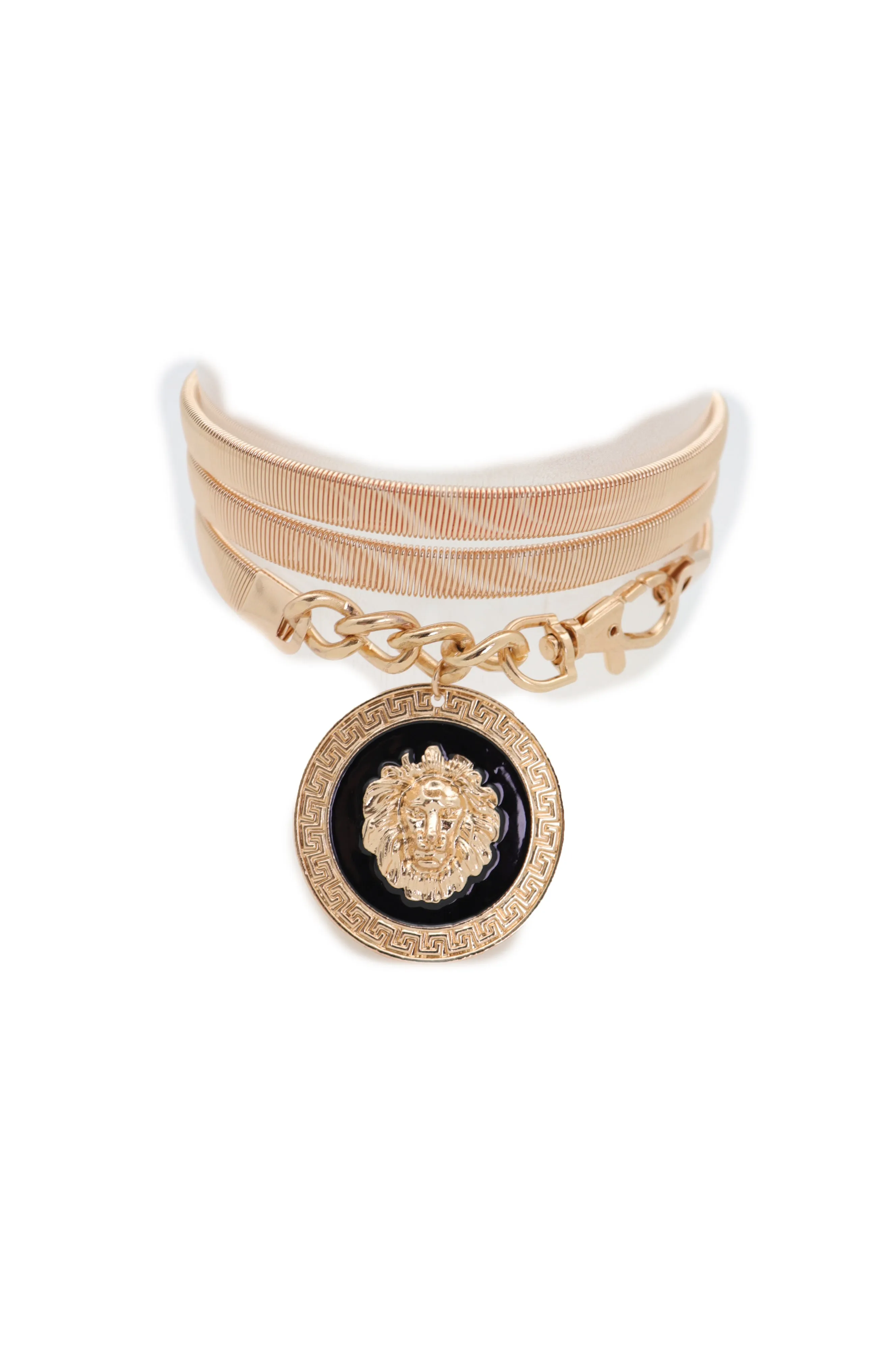 Gold Metal Elastic Waistband Belt with Hanging Lion Medallion Pendant