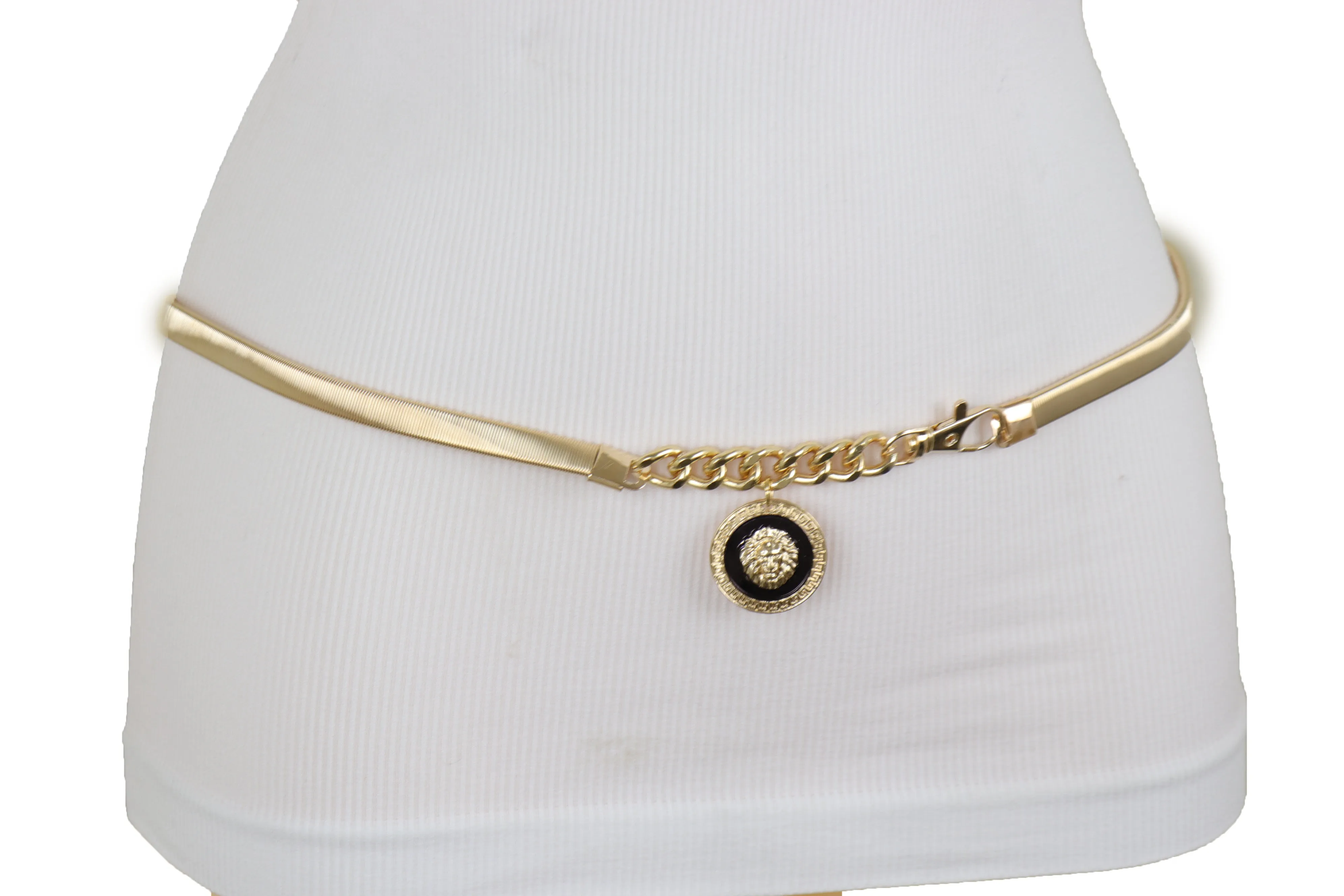 Gold Metal Elastic Waistband Belt with Hanging Lion Medallion Pendant