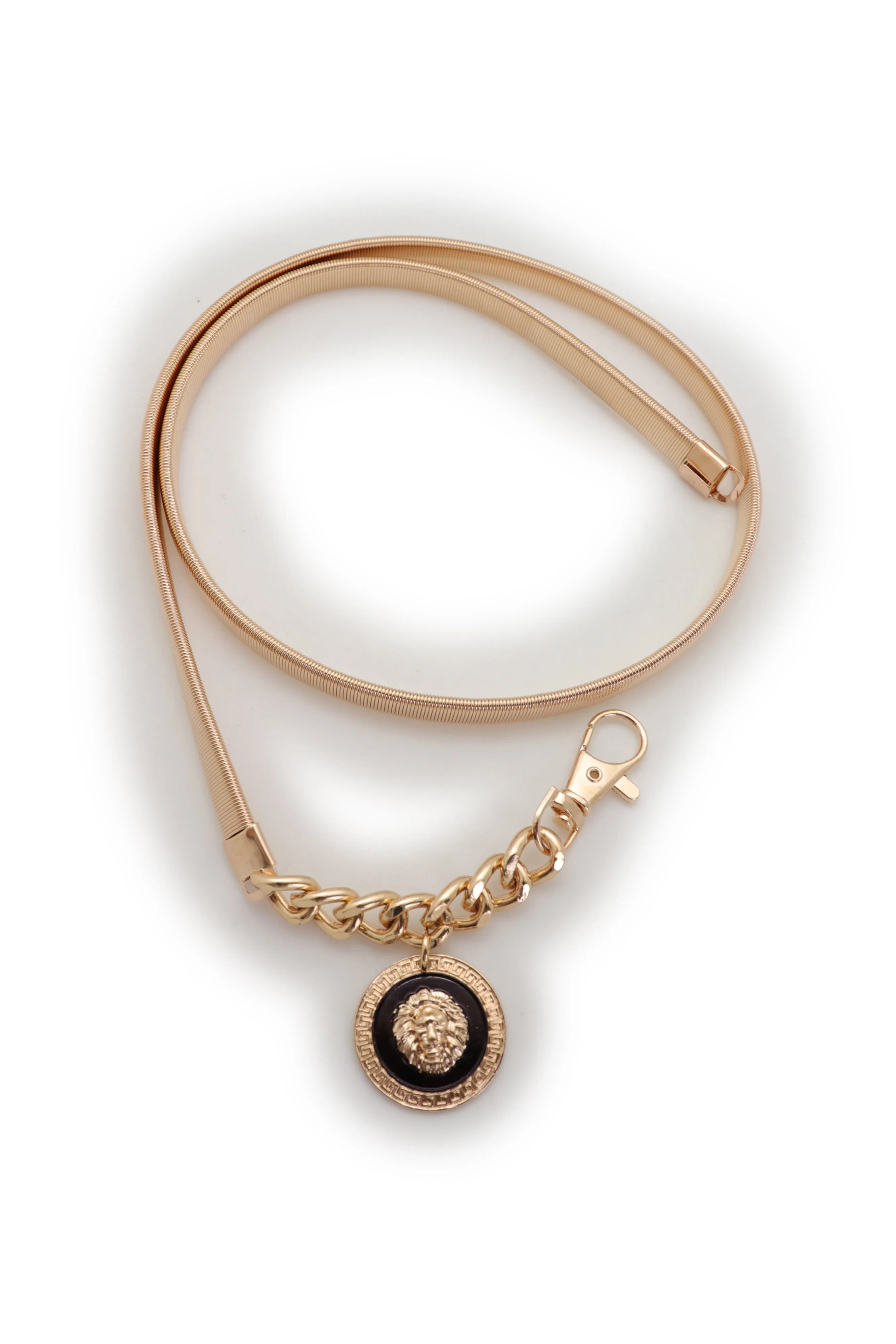 Gold Metal Elastic Waistband Belt with Hanging Lion Medallion Pendant