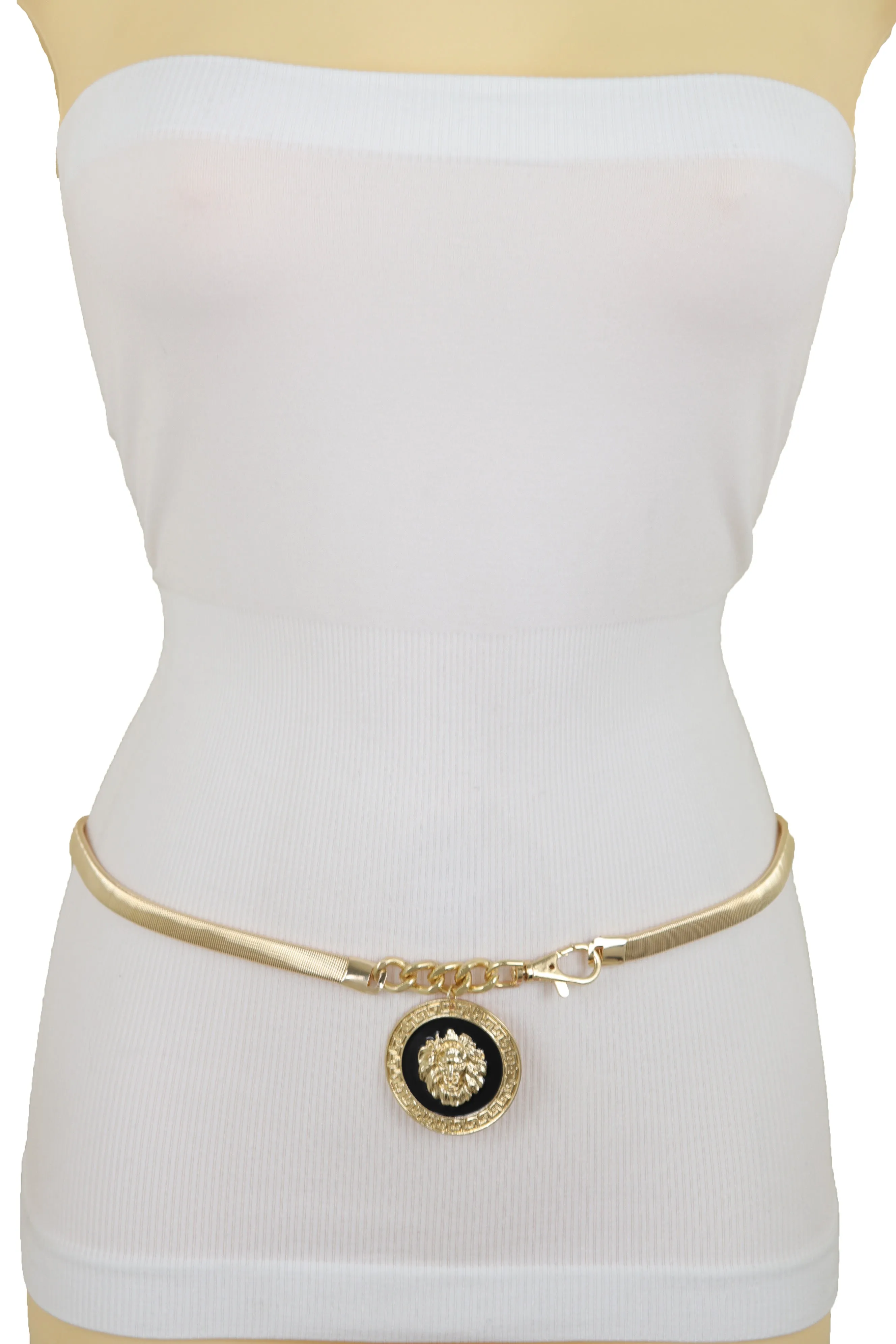 Gold Metal Elastic Waistband Belt with Hanging Lion Medallion Pendant