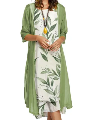 Graceful Casual Comfy Flowers Printed Round Neck Dress   Coat
