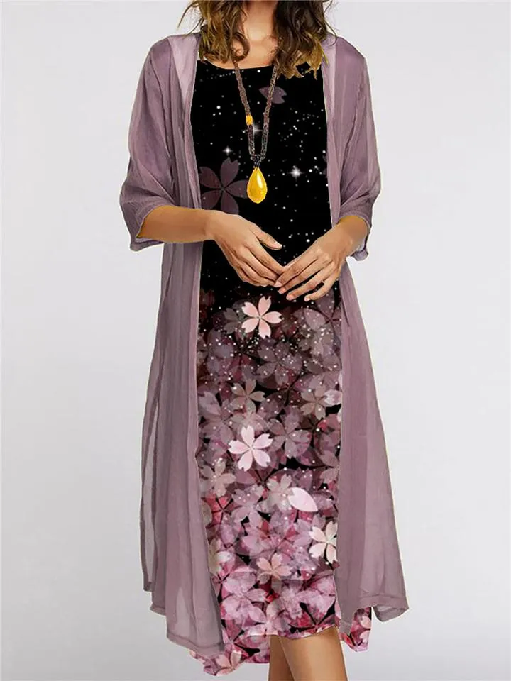 Graceful Casual Comfy Flowers Printed Round Neck Dress   Coat