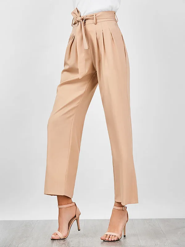 High Waist Belt Casual Wide Leg Trousers