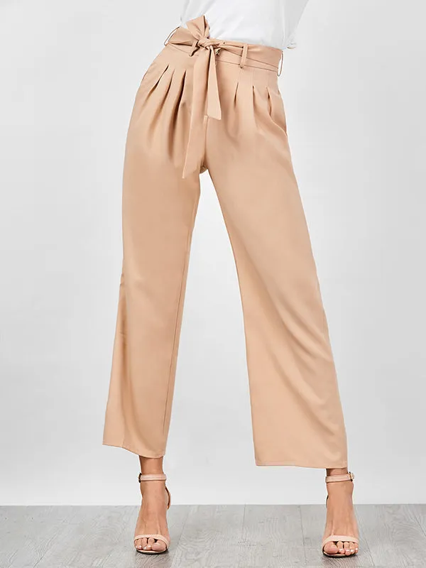 High Waist Belt Casual Wide Leg Trousers