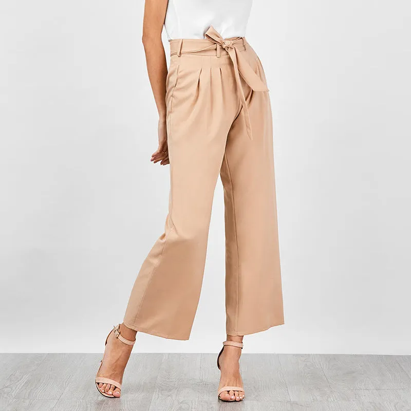 High Waist Belt Casual Wide Leg Trousers