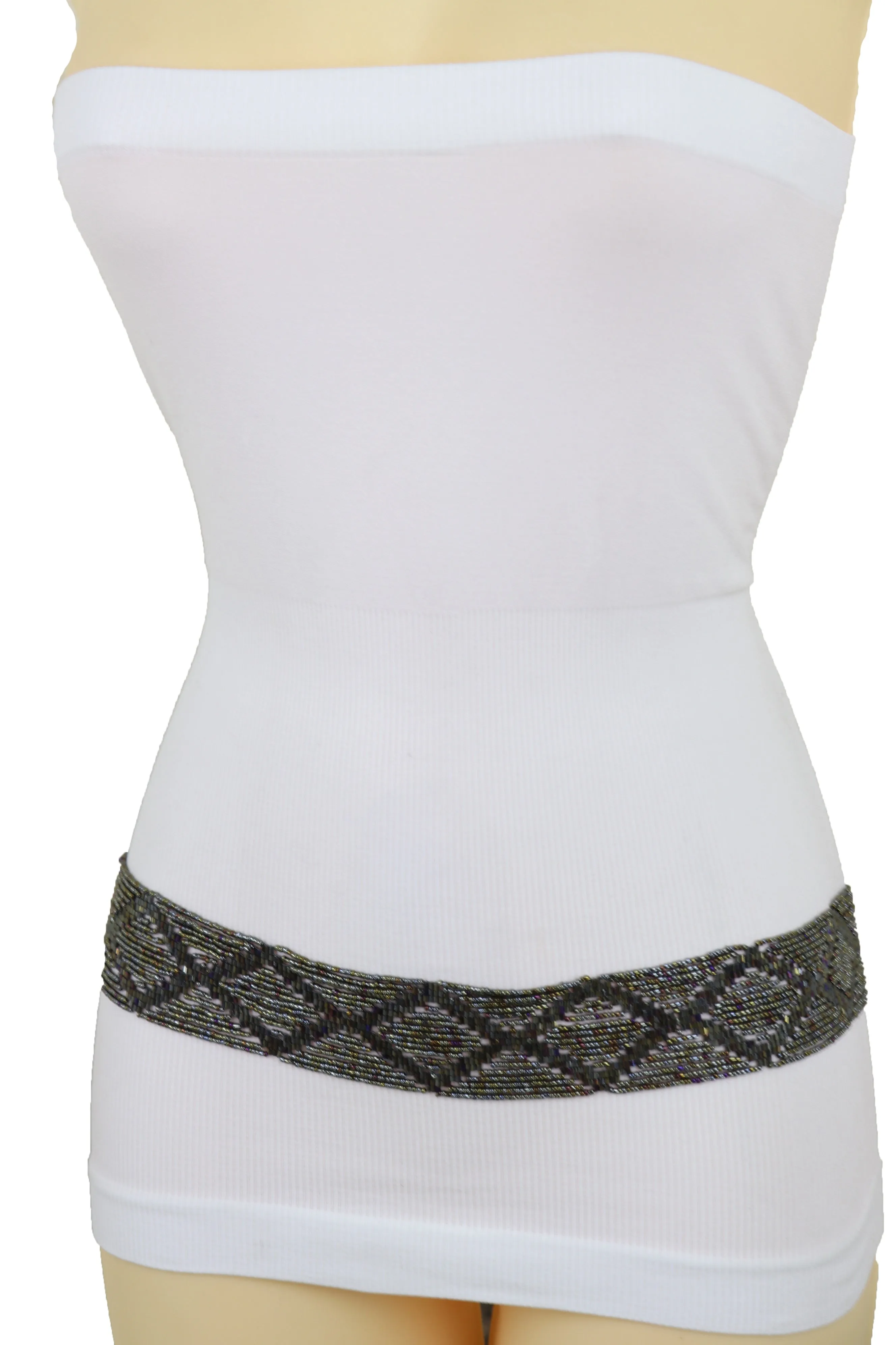 High Waist Hip Bronze Green Beads Wrap Around Tie Fashion Belt Size M L