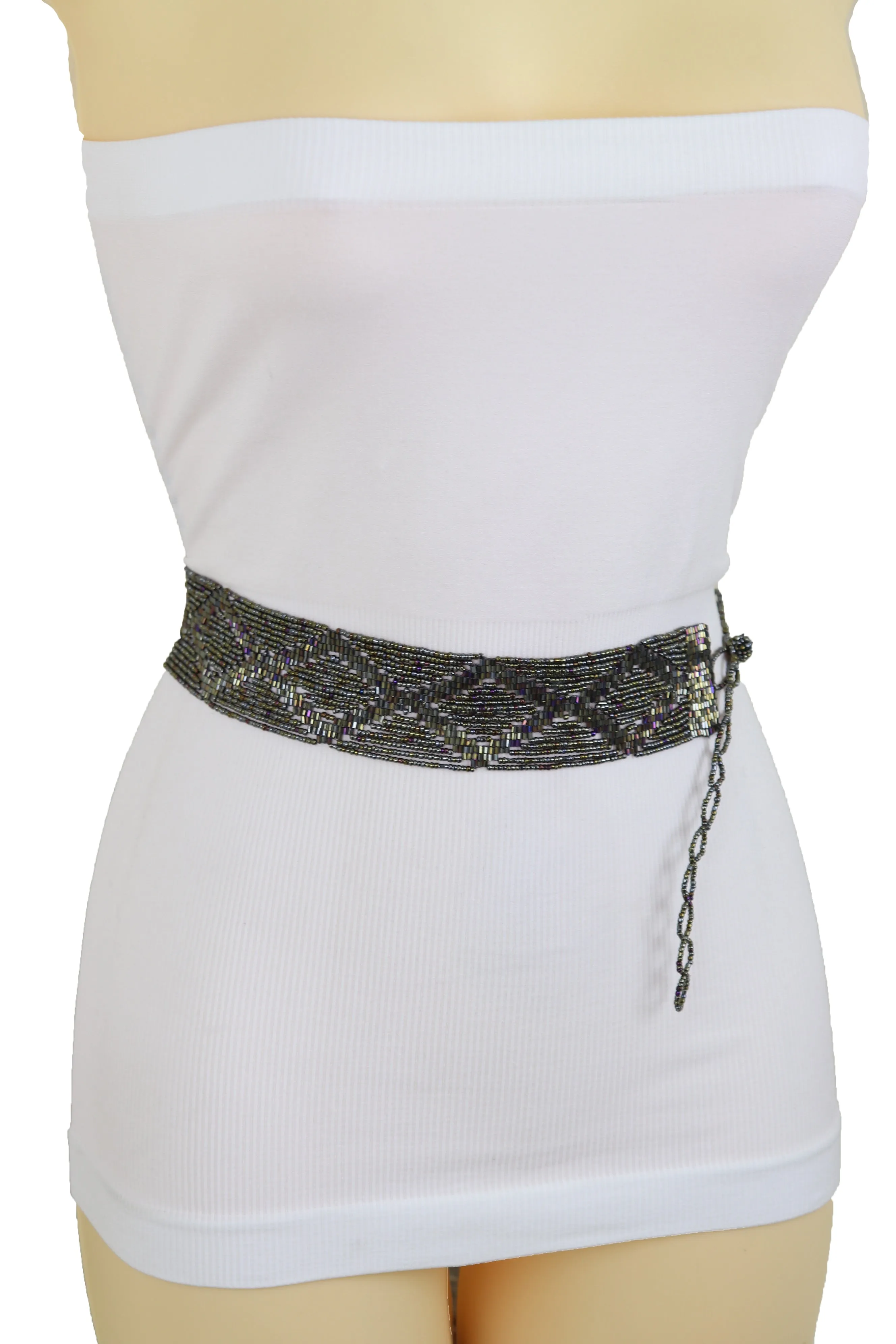 High Waist Hip Bronze Green Beads Wrap Around Tie Fashion Belt Size M L