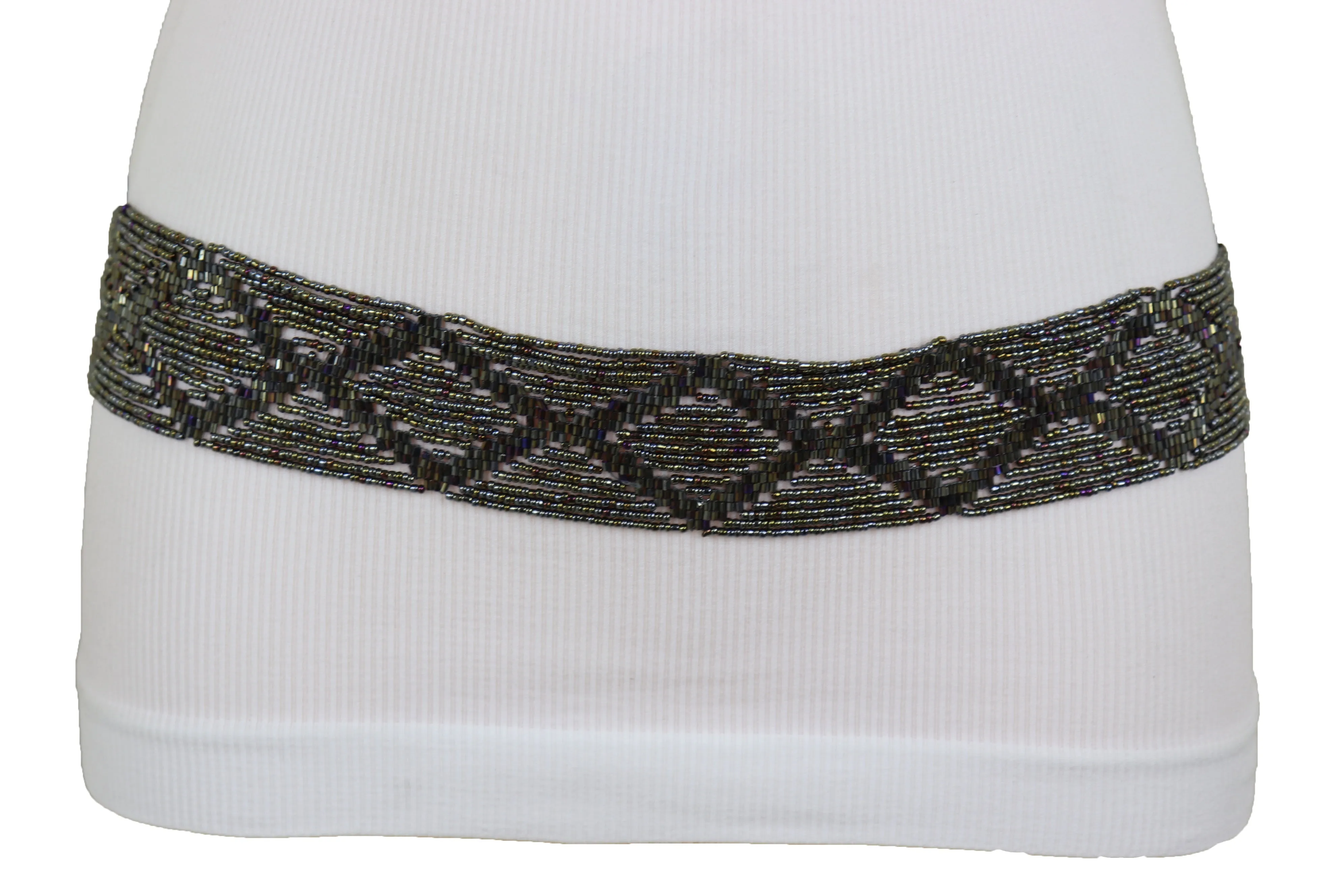 High Waist Hip Bronze Green Beads Wrap Around Tie Fashion Belt Size M L