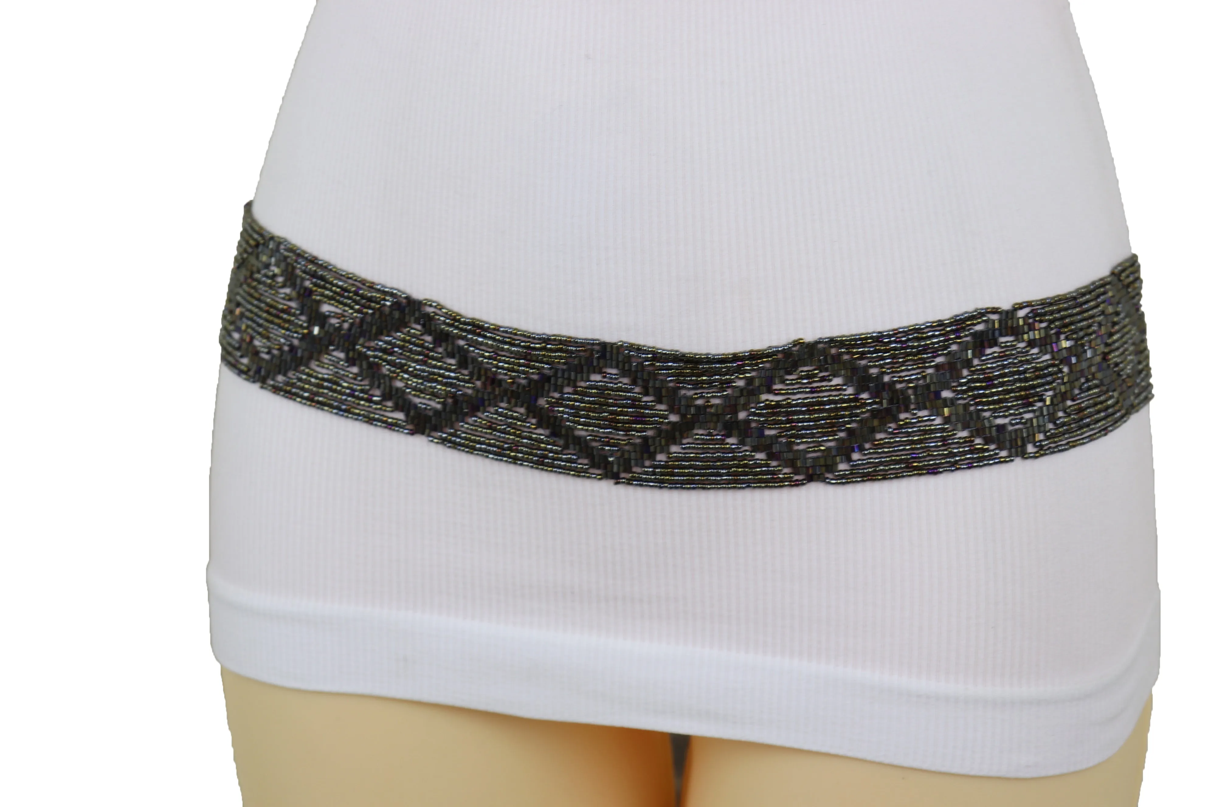 High Waist Hip Bronze Green Beads Wrap Around Tie Fashion Belt Size M L