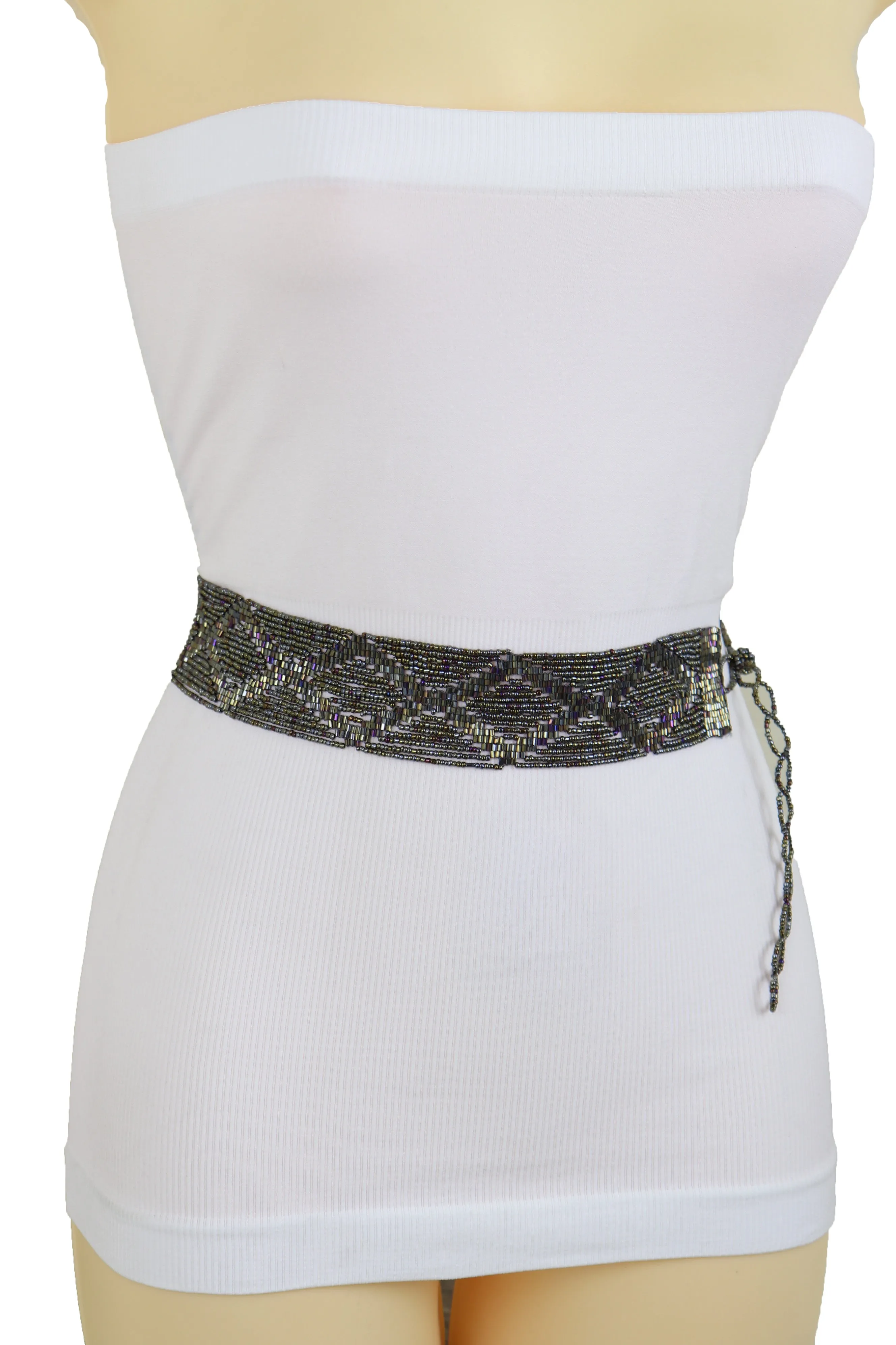 High Waist Hip Bronze Green Beads Wrap Around Tie Fashion Belt Size M L