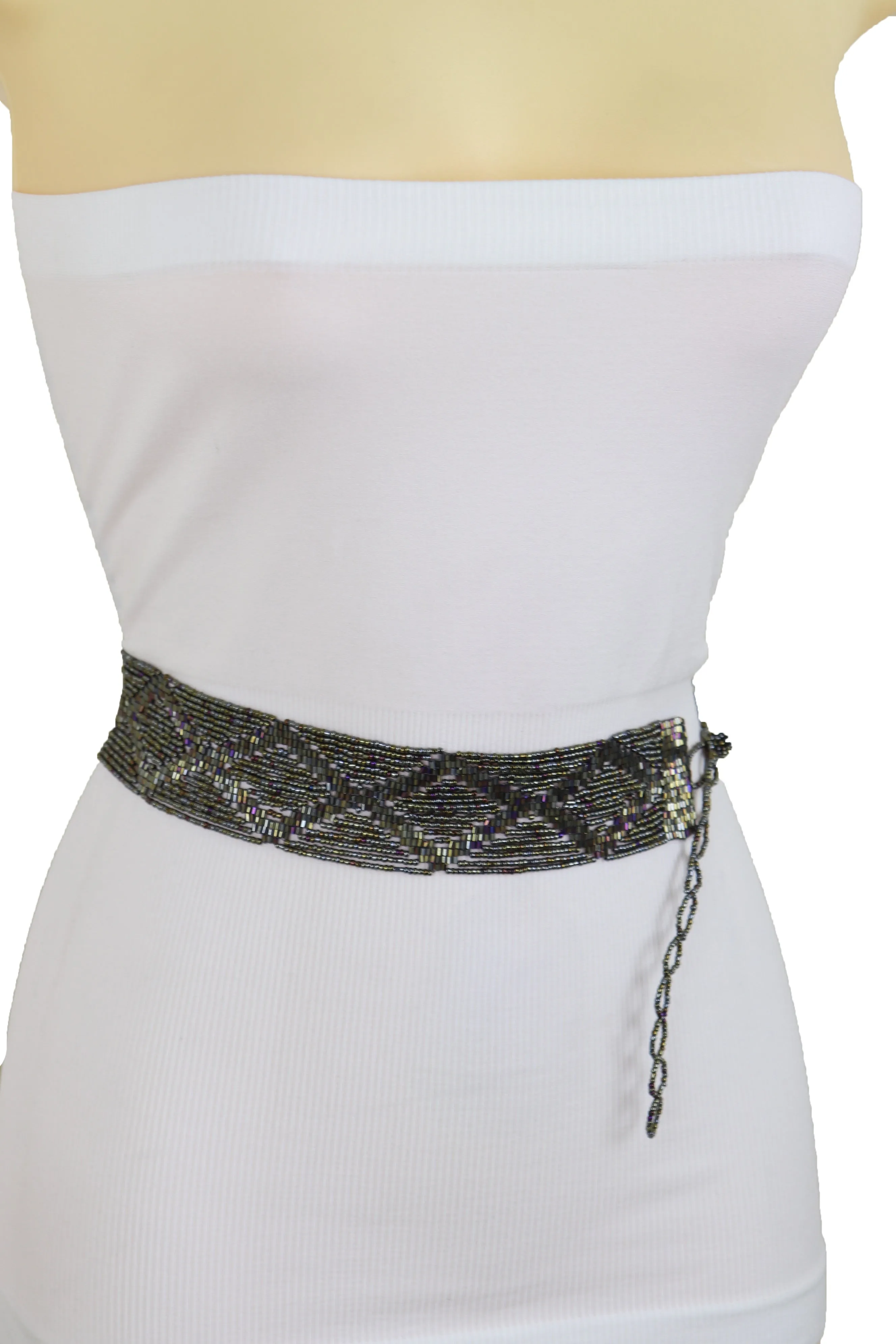 High Waist Hip Bronze Green Beads Wrap Around Tie Fashion Belt Size M L