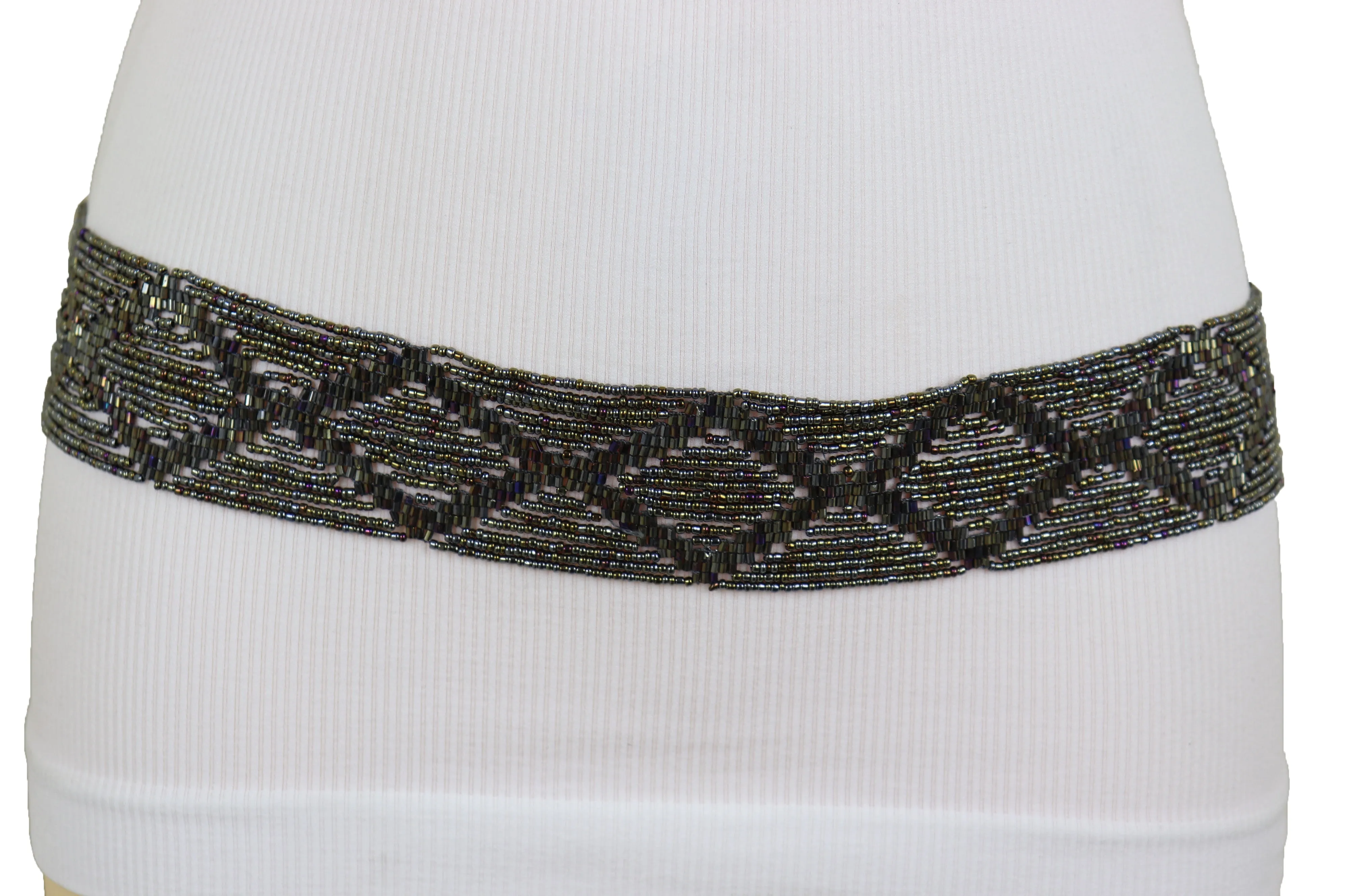 High Waist Hip Bronze Green Beads Wrap Around Tie Fashion Belt Size M L