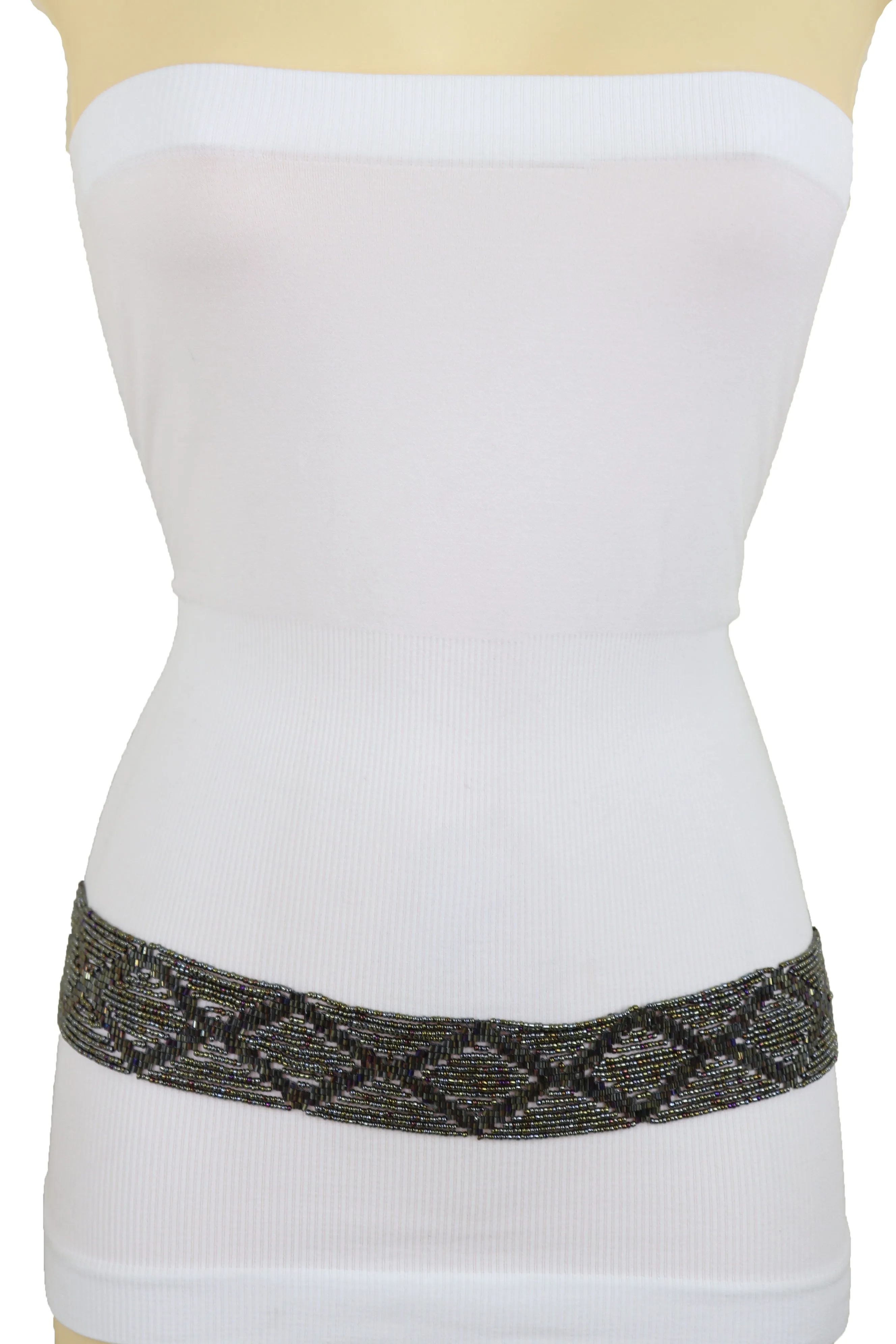 High Waist Hip Bronze Green Beads Wrap Around Tie Fashion Belt Size M L