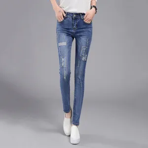 High Waist Jeans woman Female Distressed Slim Patchwork Denim Pants Pencil Ripped vintage Skinny Jeans For Women